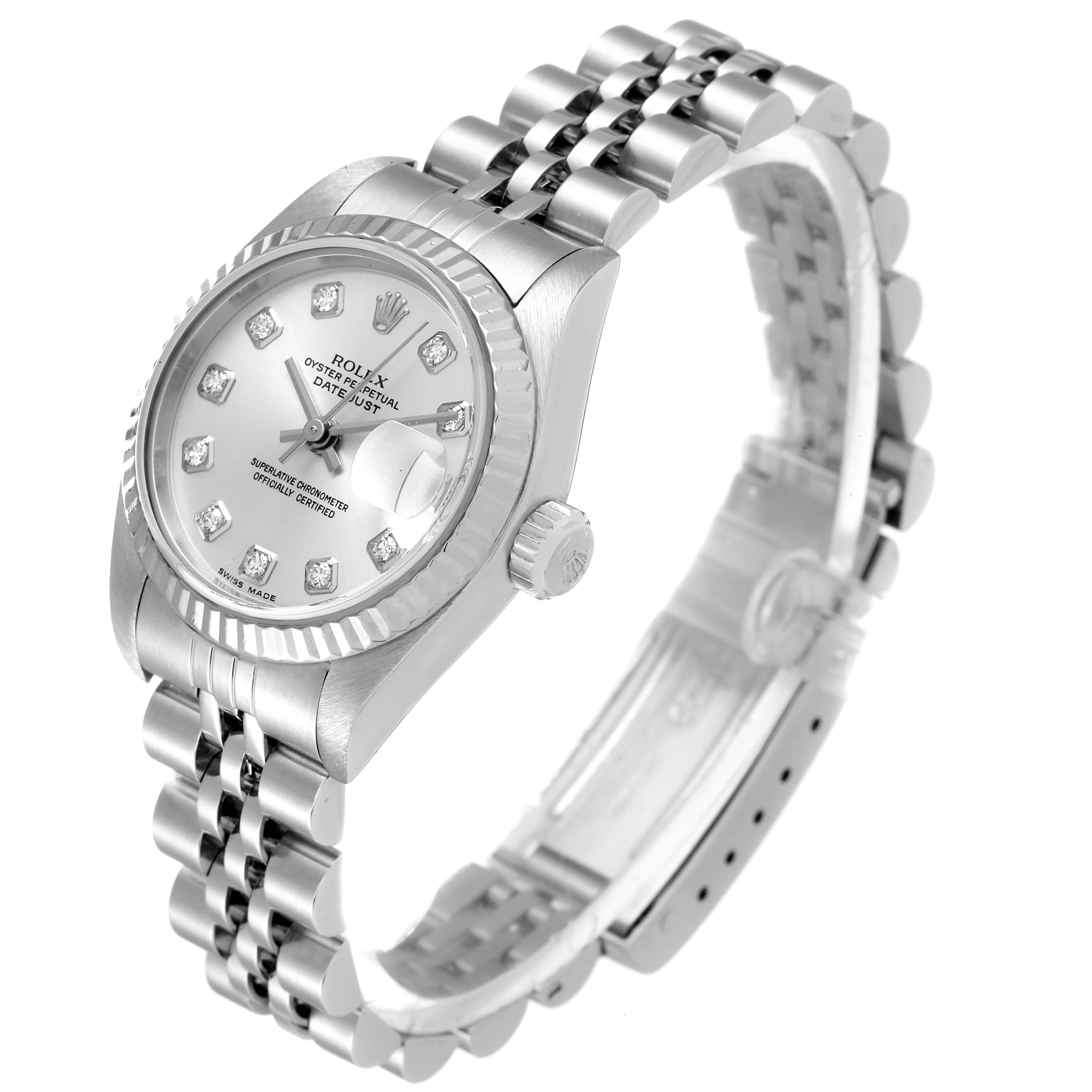 This Rolex Datejust 79174 Women
s Stainless Steel Silver Dial 79174 Women
s Stainless Steel Silver Dial watch is shown at an angle highlighting the face, bracelet, crown, and clasp.