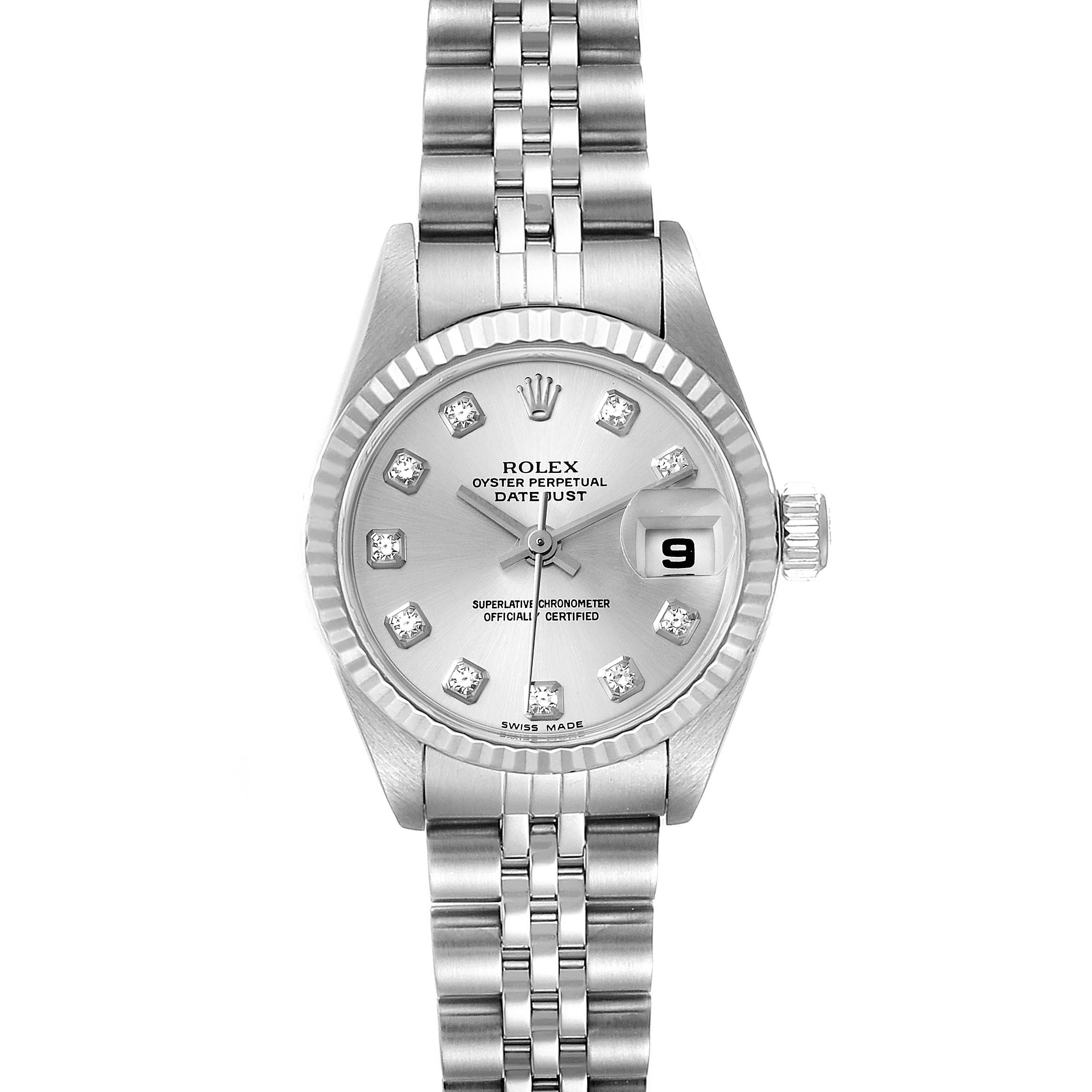 This image shows a frontal view of the Rolex Datejust 79174 Women
s Stainless Steel Silver Dial 79174 Women
s Stainless Steel Silver Dial watch, highlighting its dial, bracelet, and fluted bezel.