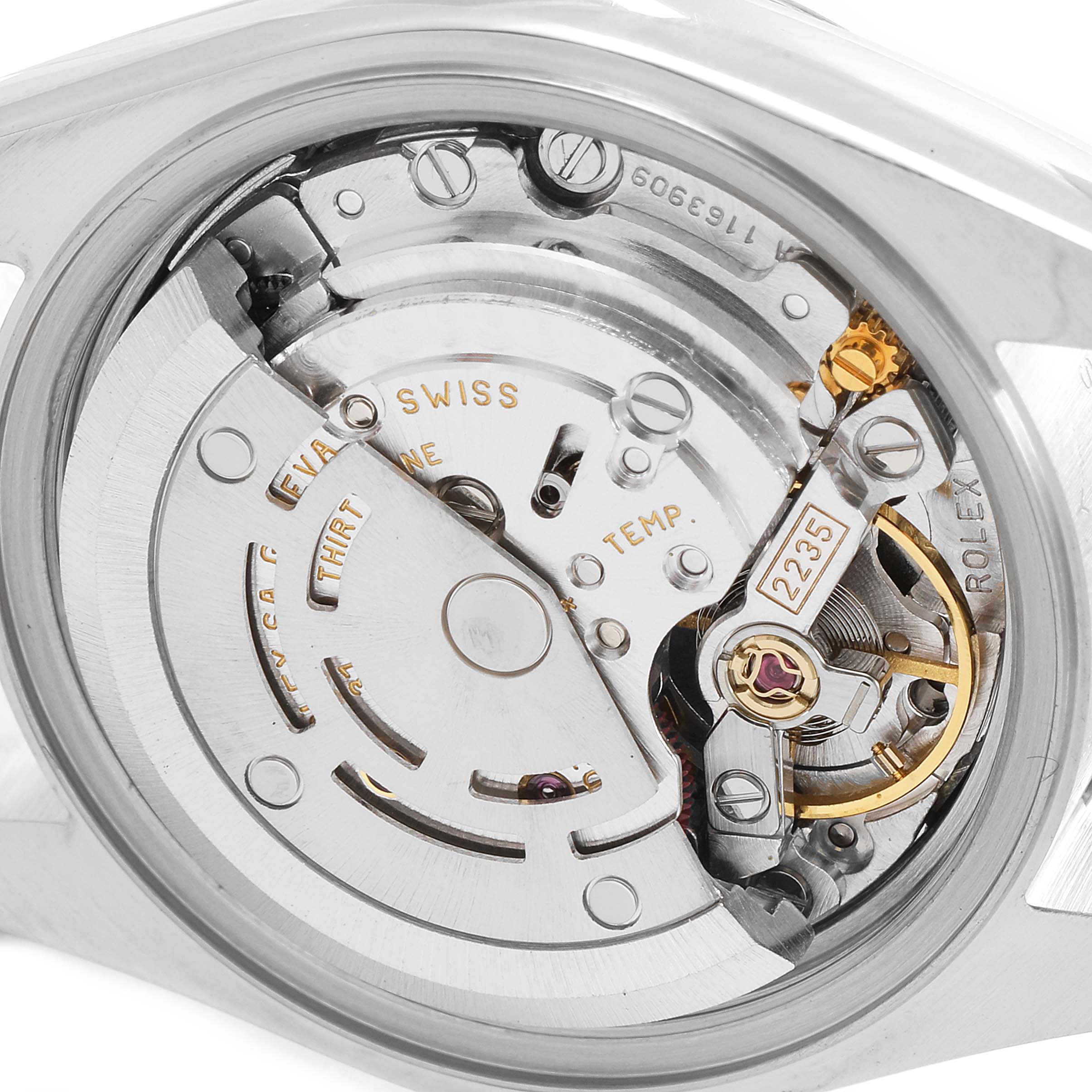 This is a close-up view of the movement mechanism of the Rolex Datejust 79174 Women
s Stainless Steel Silver Dial 79174 Women
s Stainless Steel Silver Dial watch.