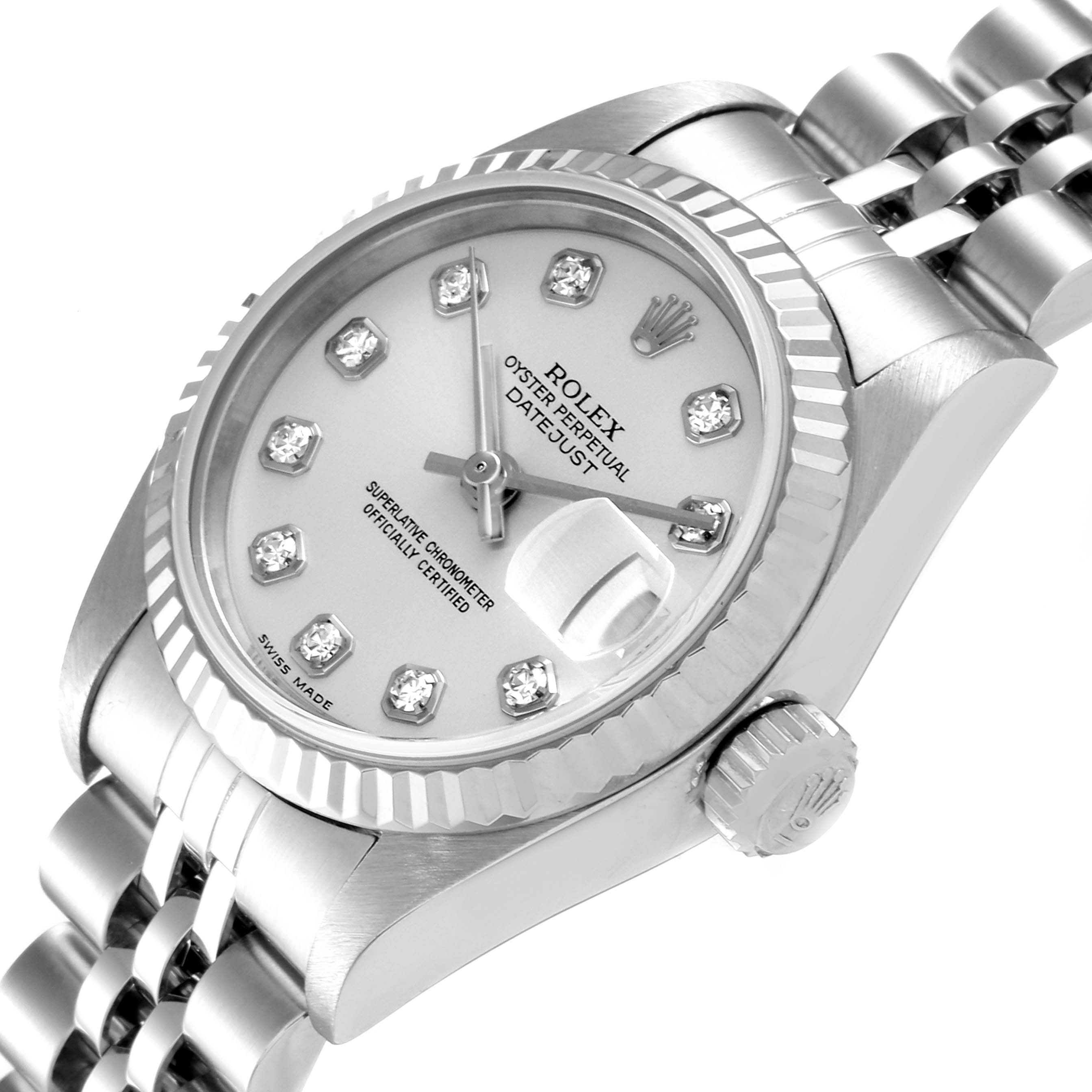 This image shows a close-up angle of the Rolex Datejust 79174 Women
s Stainless Steel Silver Dial 79174 Women
s Stainless Steel Silver Dial watch, highlighting its dial, bezel, crown, and bracelet.