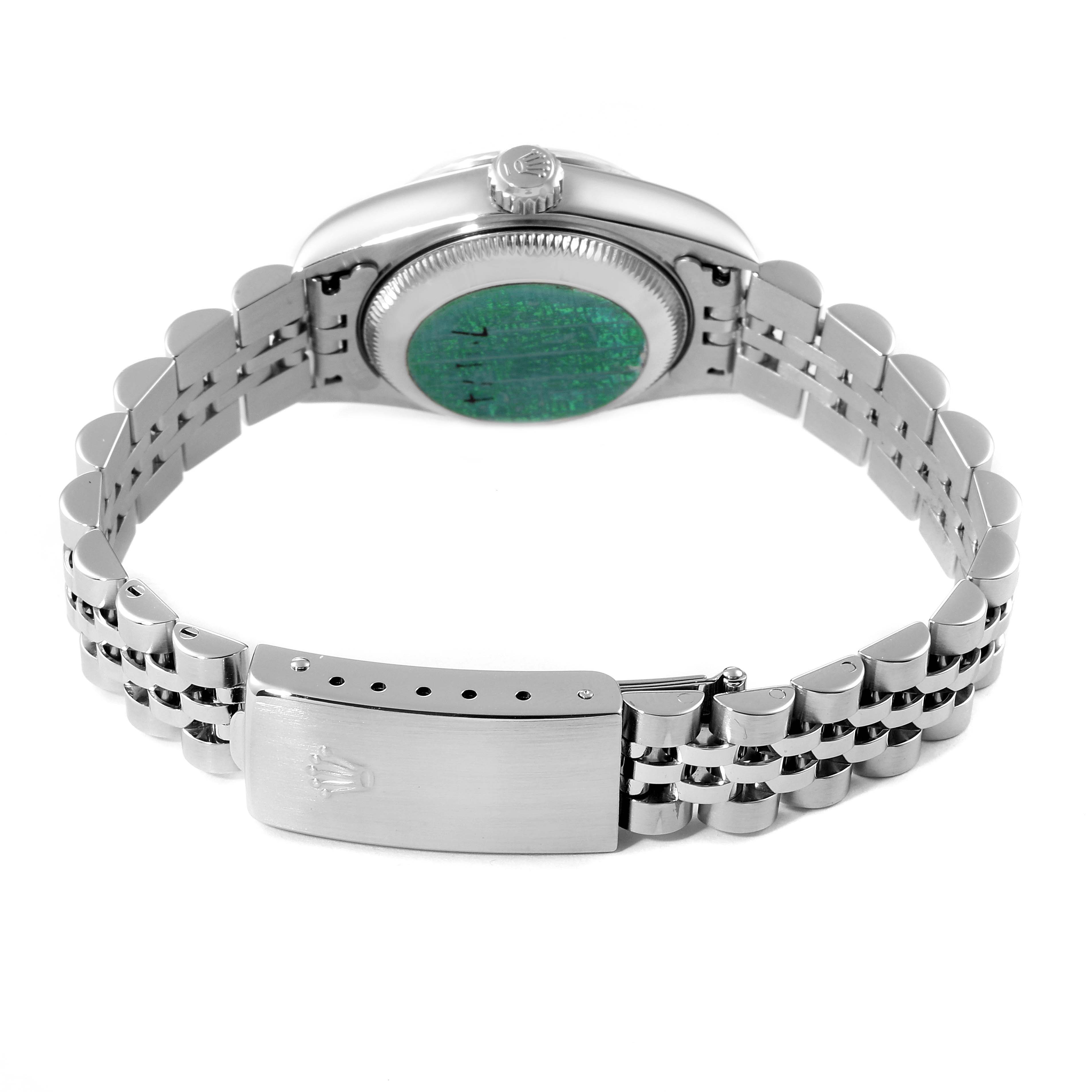 The image shows the back of the Rolex Datejust 79174 Women
s Stainless Steel Silver Dial 79174 Women
s Stainless Steel Silver Dial watch, highlighting its bracelet and clasp.