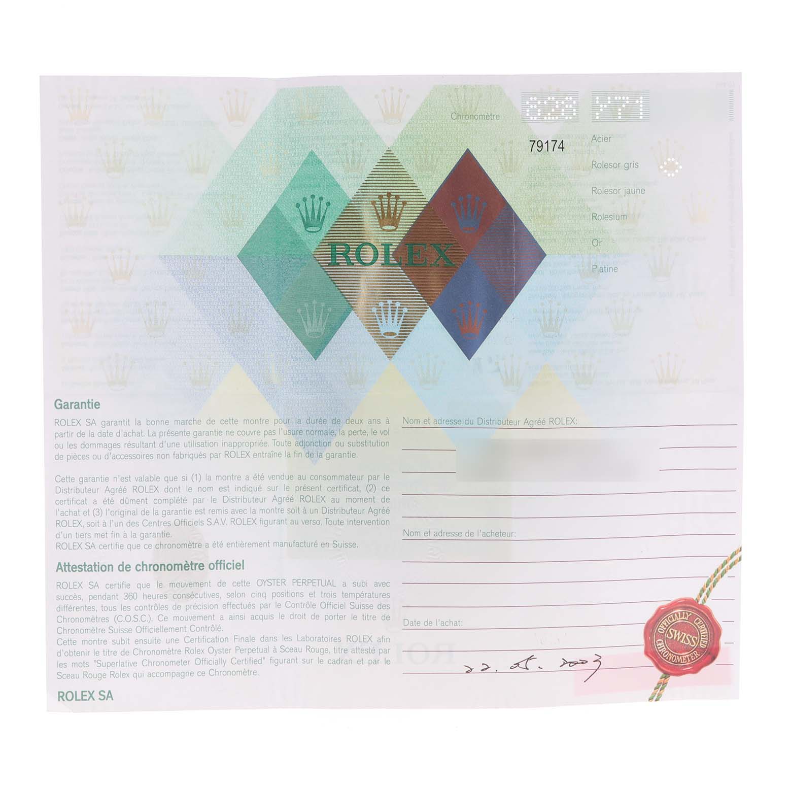 The image shows the guarantee certificate for a Rolex Datejust 79174 Women
s Stainless Steel Silver Dial 79174 Women
s Stainless Steel Silver Dial watch, featuring the brand name, logo, and warranty details.