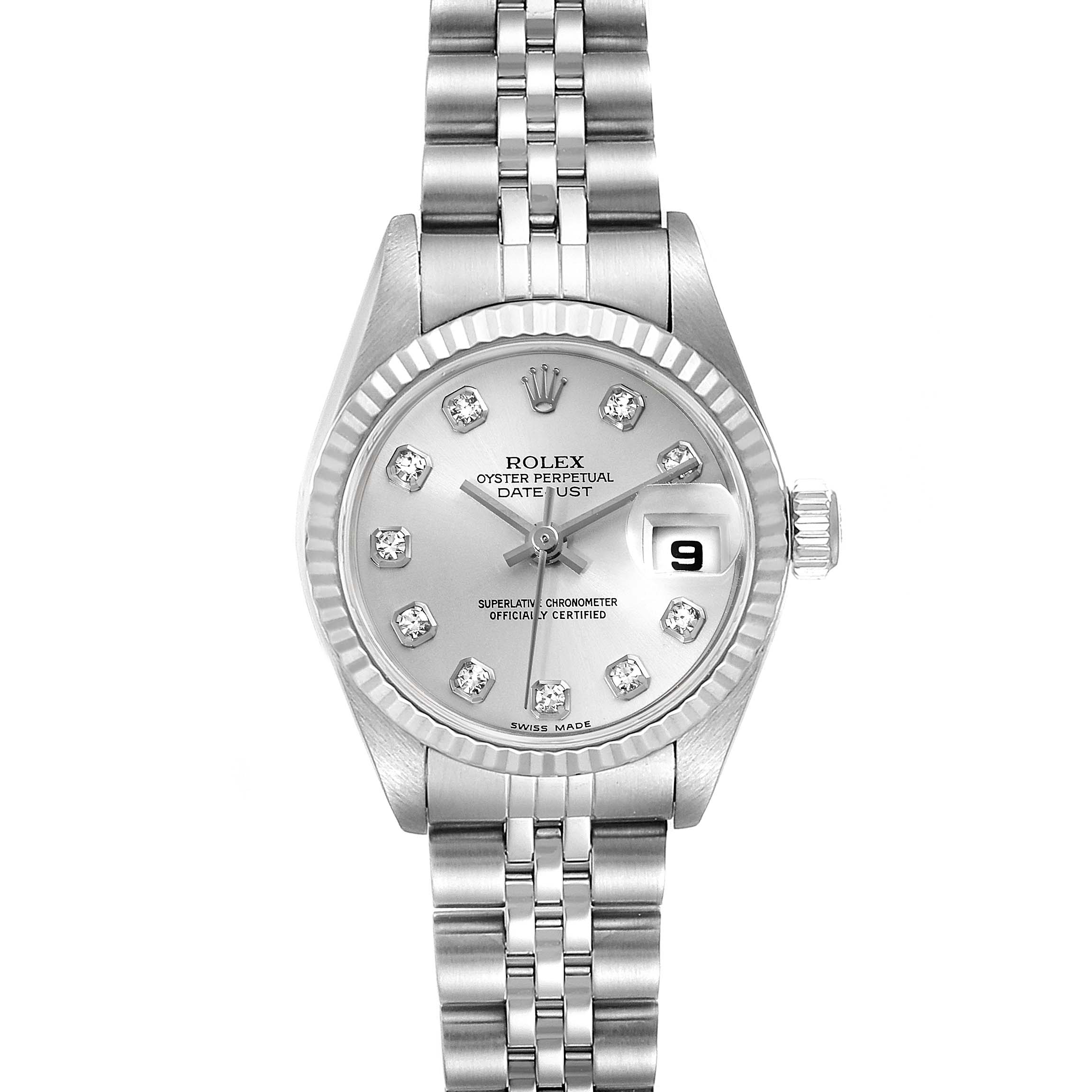 The Rolex Datejust 79174 Women
s Stainless Steel Silver Dial 79174 Women
s Stainless Steel Silver Dial watch is shown from a top-down angle, highlighting its face, bezel, and bracelet.