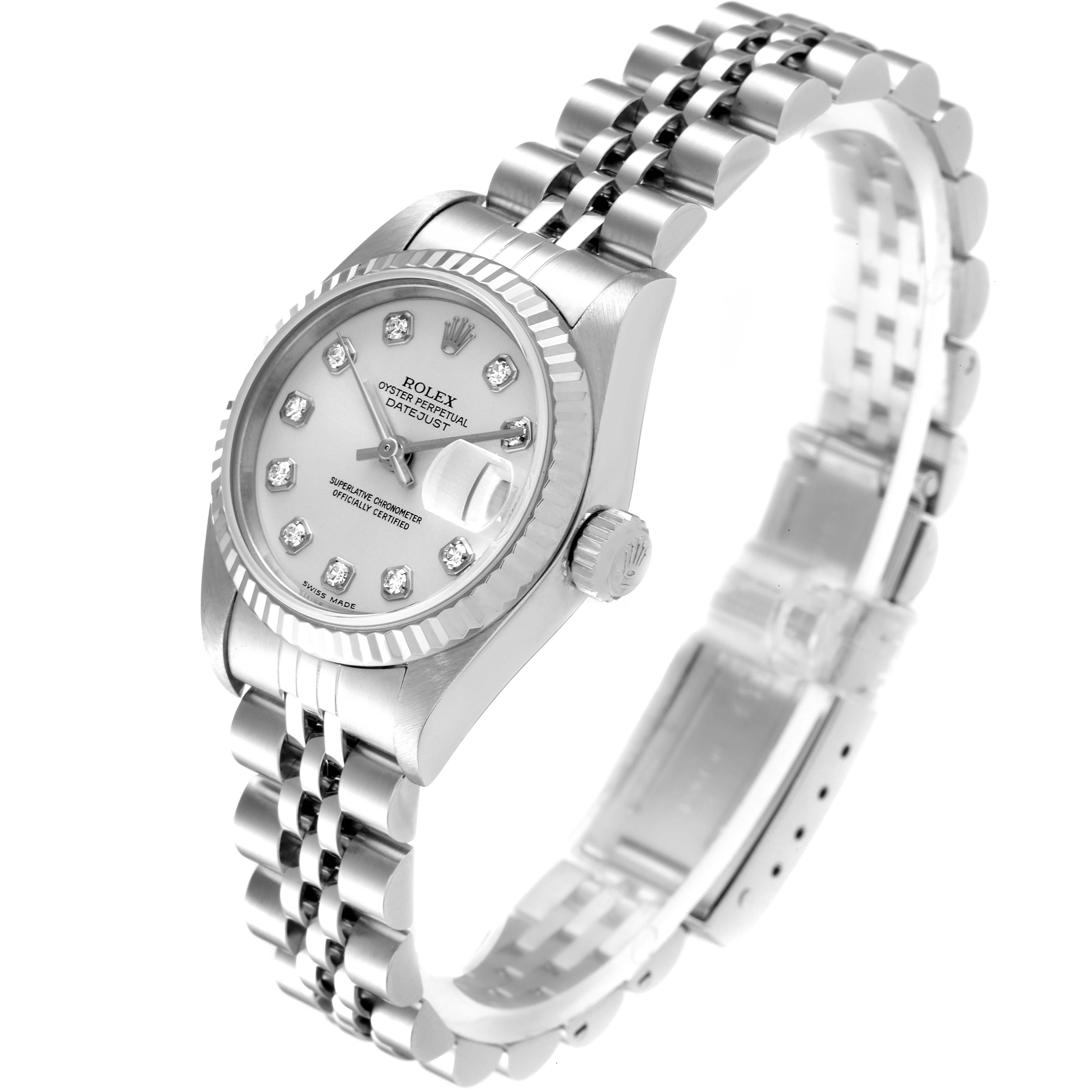 The image shows a Rolex Datejust 79174 Women
s Stainless Steel Silver Dial 79174 Women
s Stainless Steel Silver Dial watch at a slight angle, displaying its face, bezel, crown, and Jubilee bracelet.
