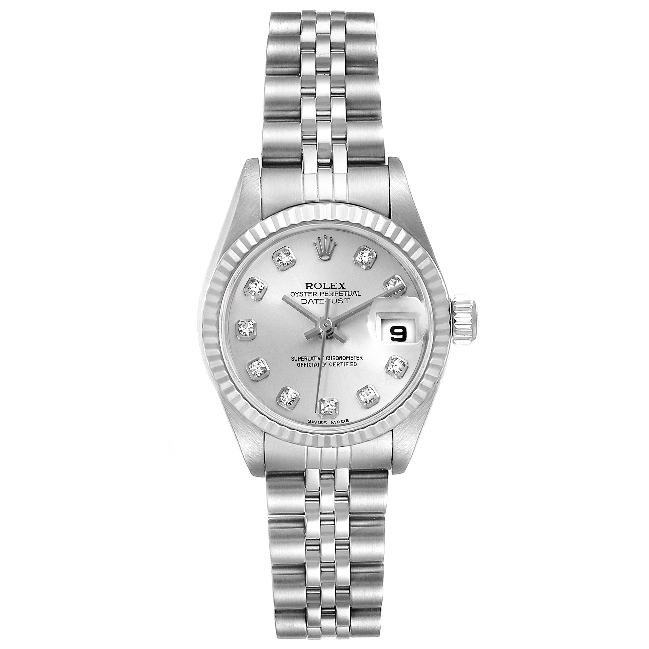 The Rolex Datejust 79174 Women
s Stainless Steel Silver Dial 79174 Women
s Stainless Steel Silver Dial watch is shown from the front, displaying its face, bracelet, and crown.