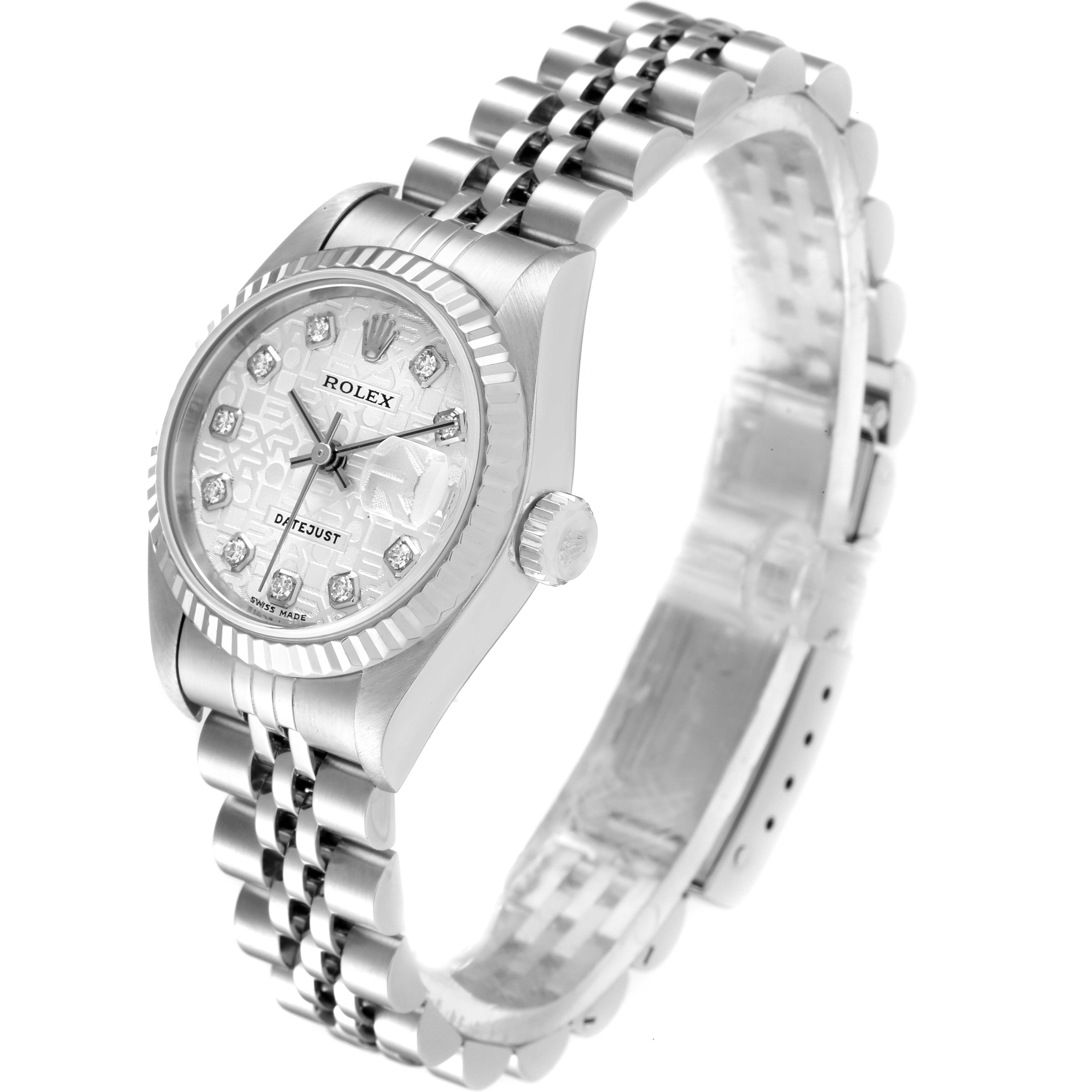 The image shows the front and side view of a Rolex Datejust 79174 Women
s Stainless Steel Silver Dial 79174 Women
s Stainless Steel Silver Dial watch, showcasing its dial, case, and bracelet.