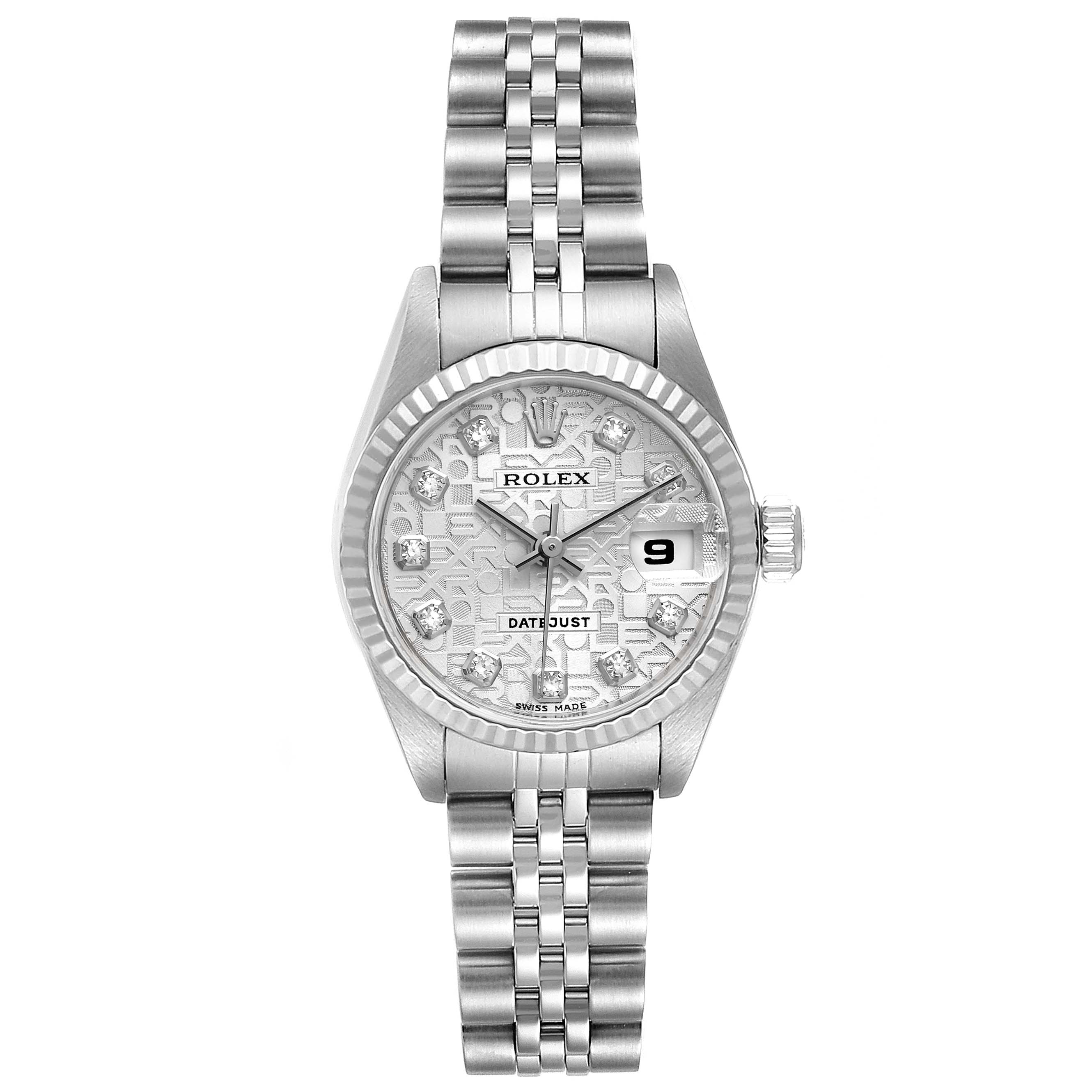 This image shows a frontal view of a Rolex Datejust 79174 Women
s Stainless Steel Silver Dial 79174 Women
s Stainless Steel Silver Dial watch, highlighting the dial, bezel, bracelet, and date window.