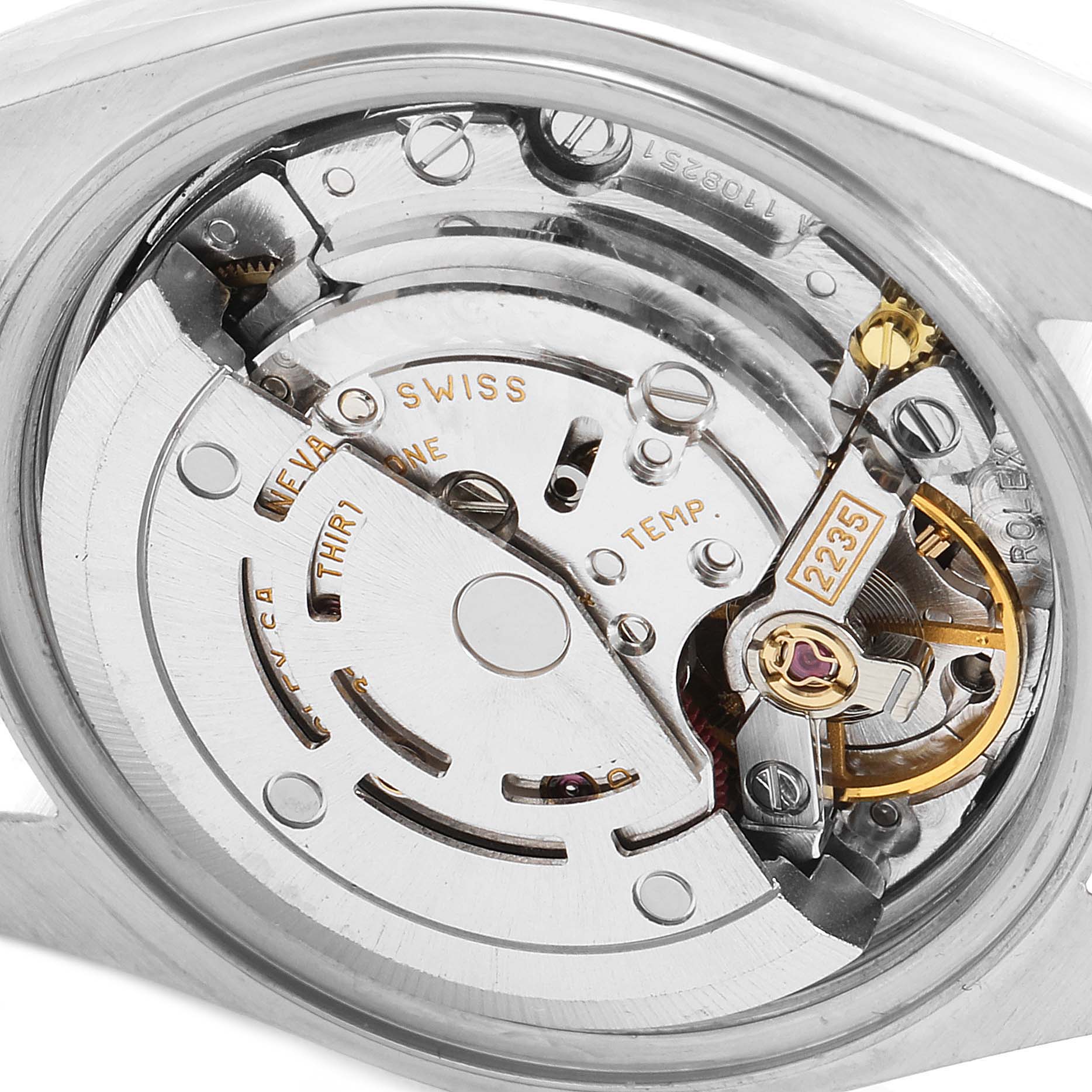 This image shows a close-up of the internal movement of a Rolex Datejust 79174 Women
s Stainless Steel Silver Dial 79174 Women
s Stainless Steel Silver Dial watch, model 2235, viewed from the back.