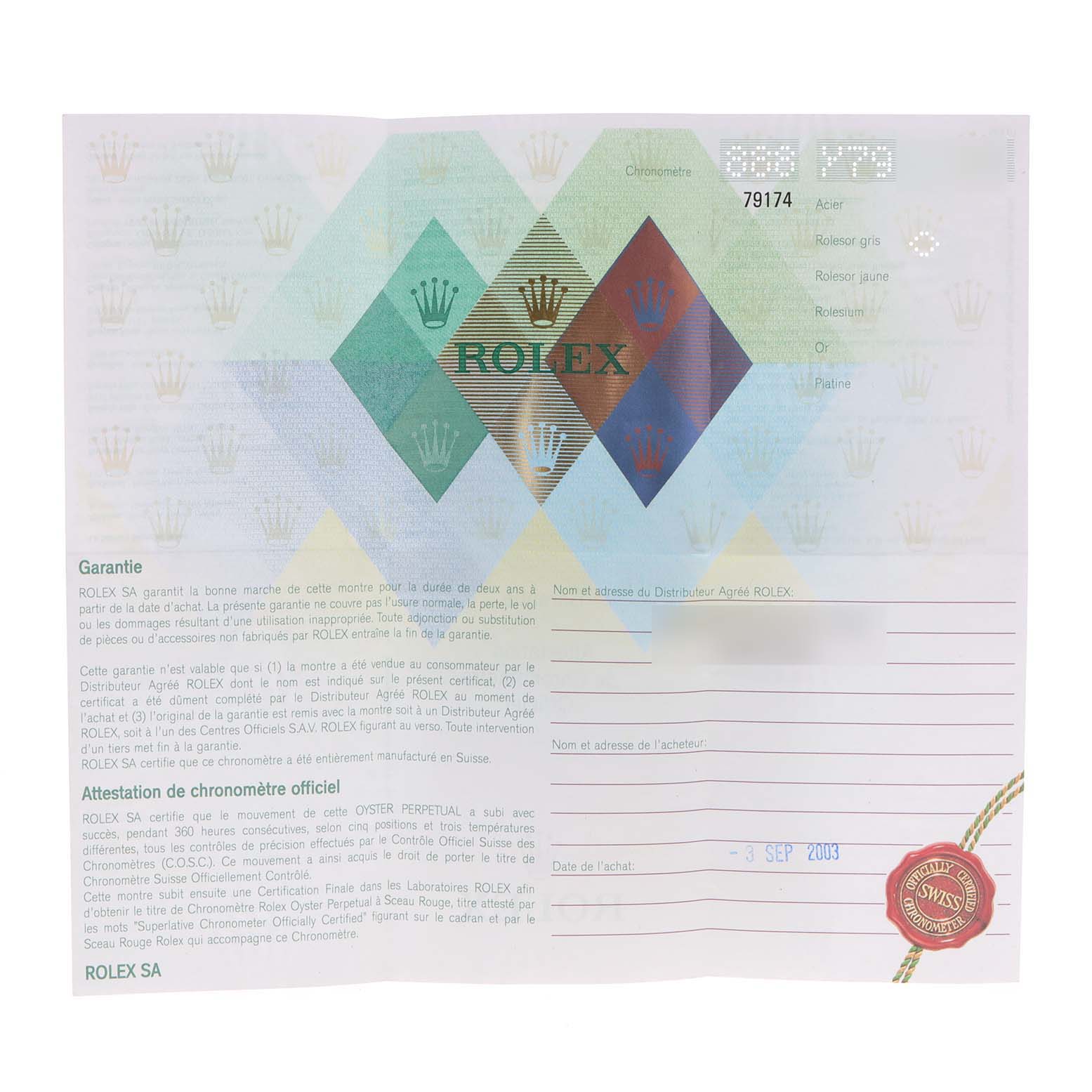 This image shows the warranty and certification document for a Rolex Datejust 79174 Women
s Stainless Steel Silver Dial 79174 Women
s Stainless Steel Silver Dial watch.