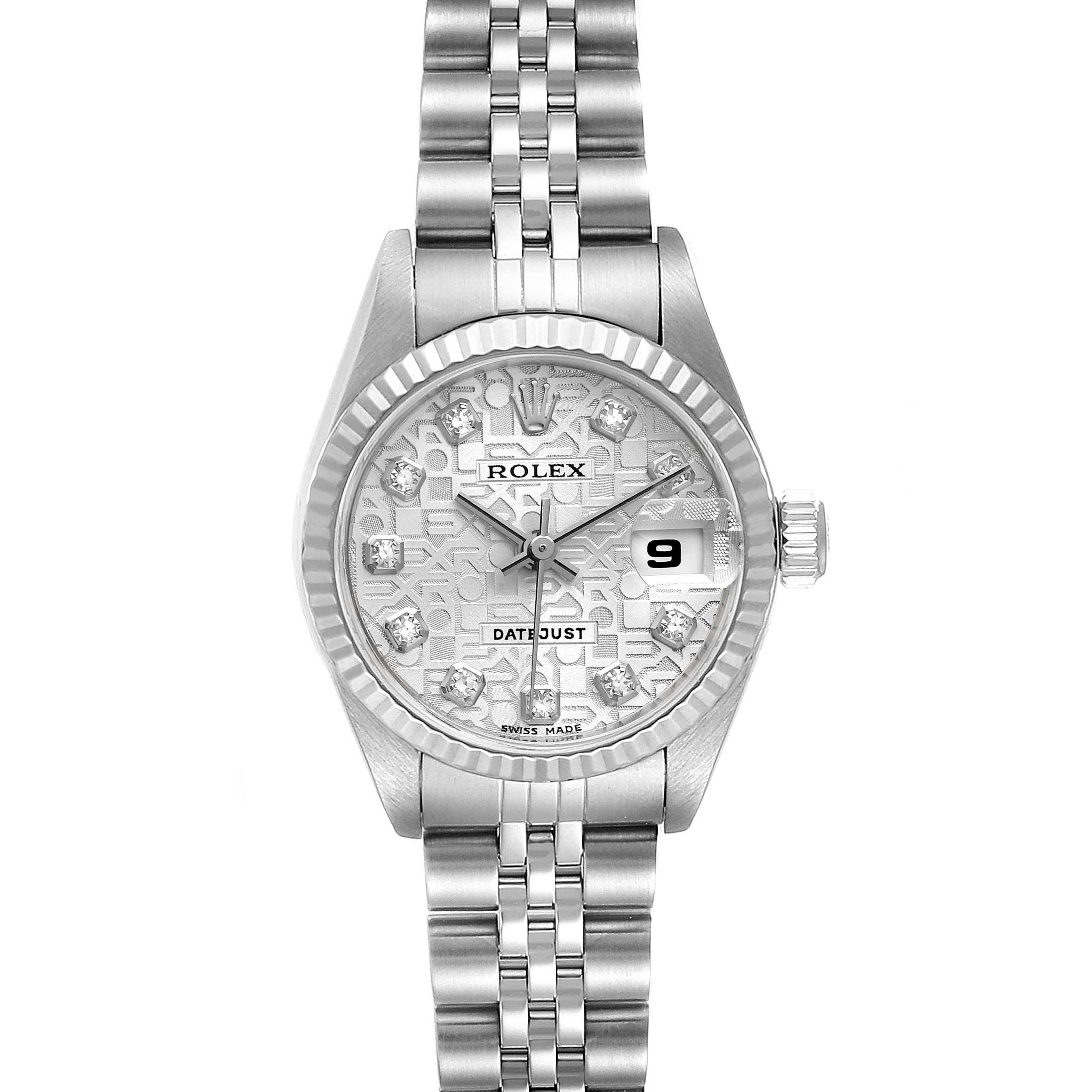 The image shows a full frontal view of a Rolex Datejust 79174 Women
s Stainless Steel Silver Dial 79174 Women
s Stainless Steel Silver Dial watch, displaying the face, bezel, bracelet, and crown.
