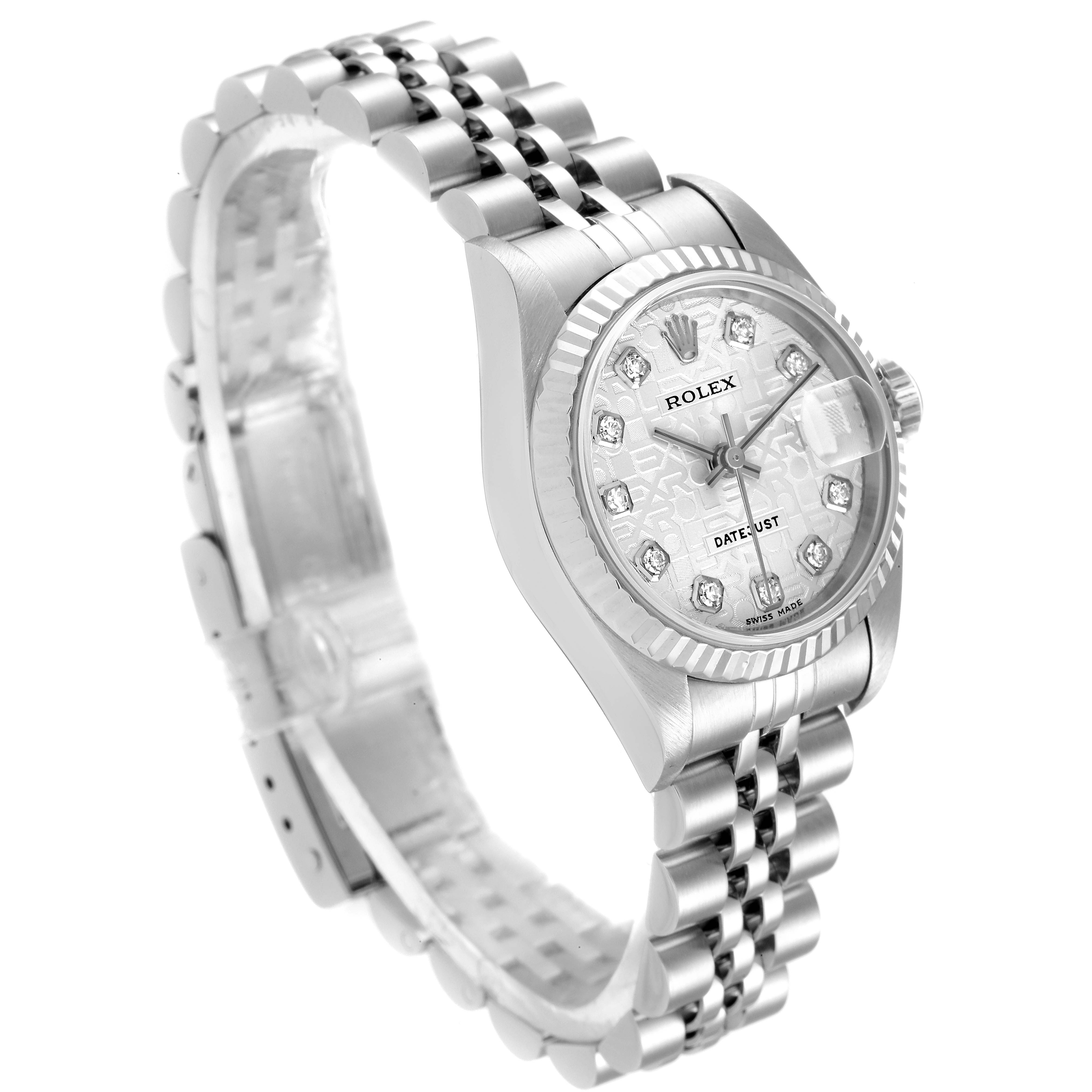 The image shows a Rolex Datejust 79174 Women
s Stainless Steel Silver Dial 79174 Women
s Stainless Steel Silver Dial watch at a slight angle, highlighting the face, bezel, and bracelet.