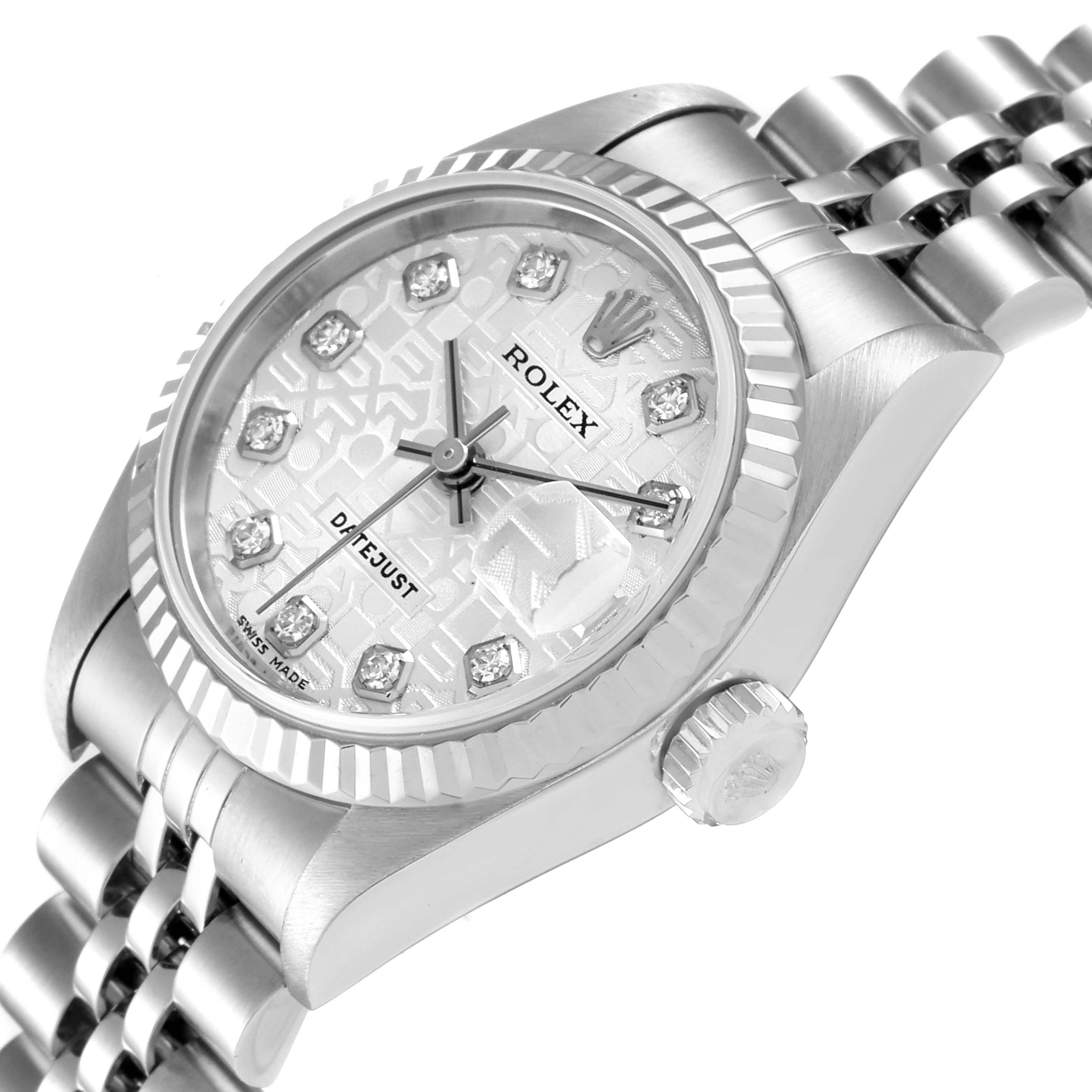 The image shows a close-up angled view of a Rolex Datejust 79174 Women
s Stainless Steel Silver Dial 79174 Women
s Stainless Steel Silver Dial watch, highlighting the dial, crown, and part of the bracelet.