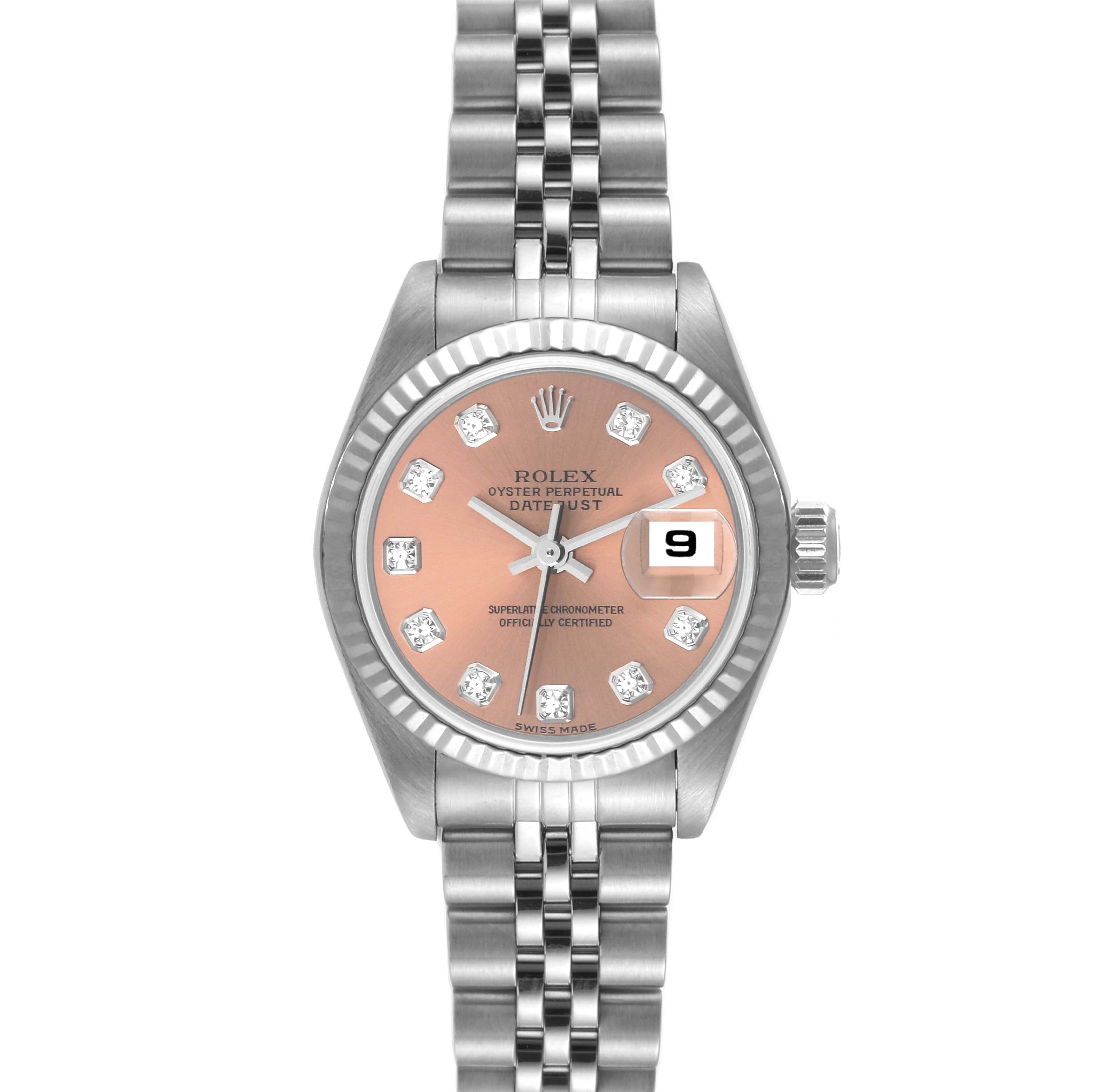 The image shows a front view of the Rolex Datejust 79174 Women's Stainless Steel Pink Dial 79174 Women's Stainless Steel Pink Dial watch, featuring its dial, bezel, crown, and bracelet.
