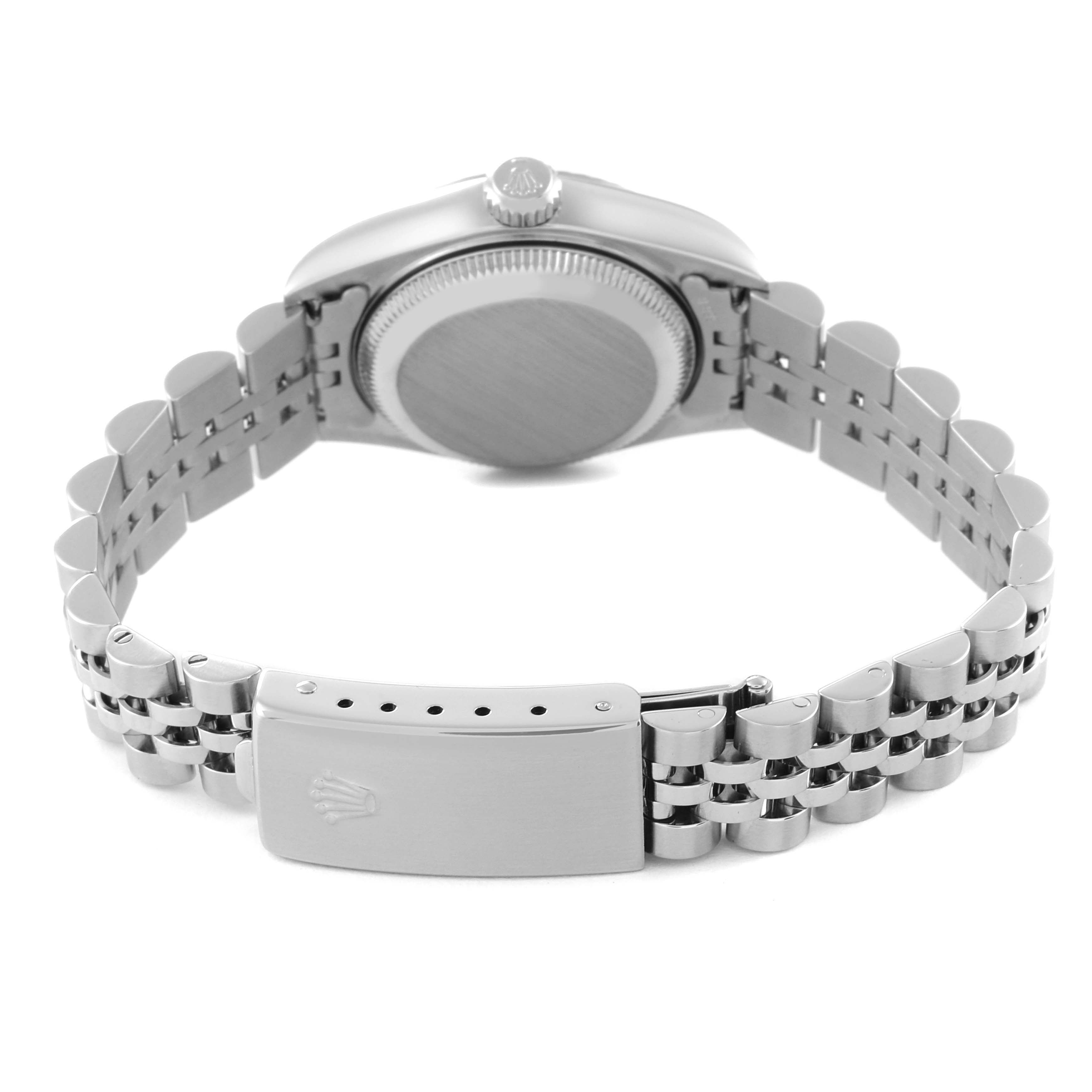 The image shows the case back and the bracelet clasp of a Rolex Datejust 79174 Women's Stainless Steel Pink Dial 79174 Women's Stainless Steel Pink Dial watch from a rear angle.