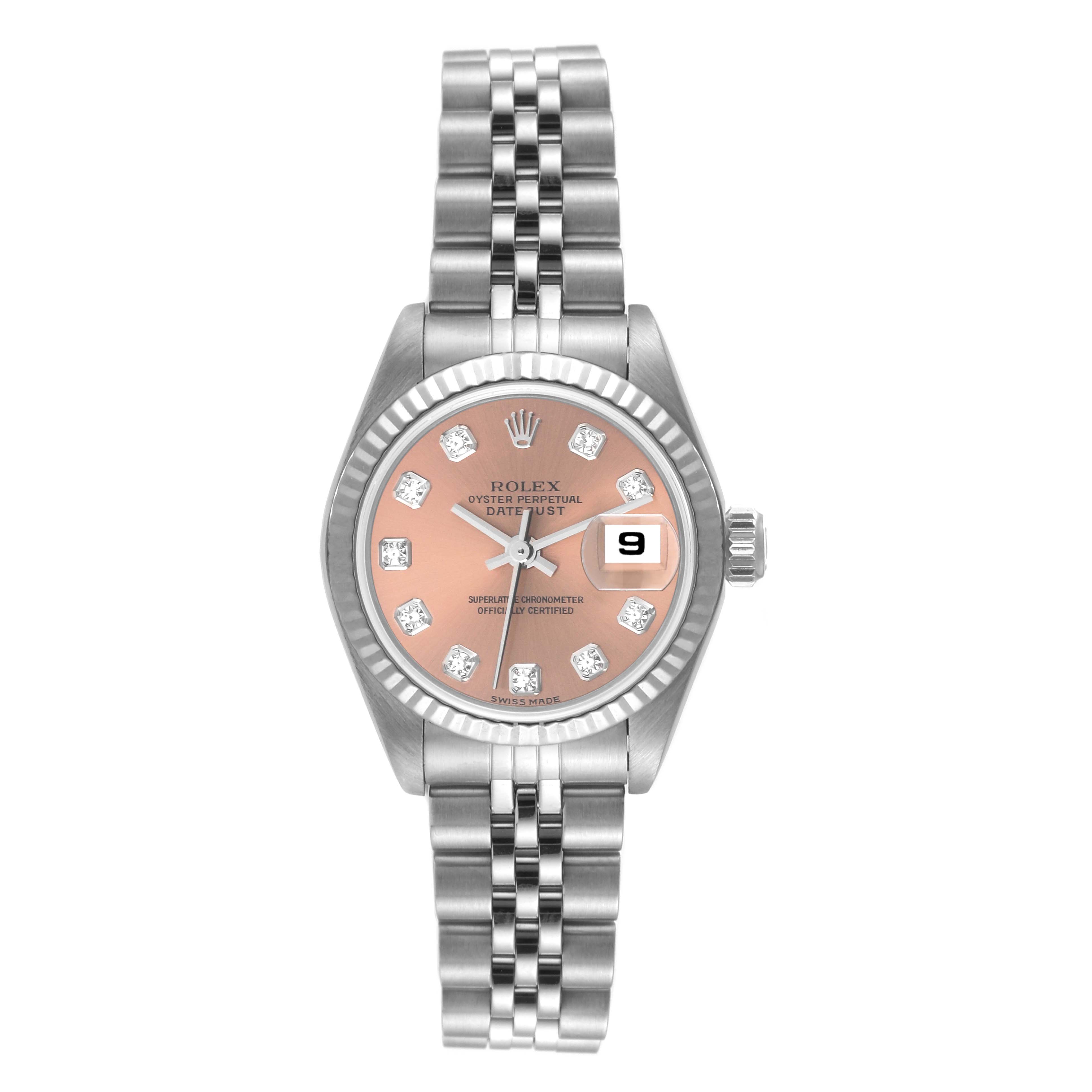 The image shows a Rolex Datejust 79174 Women's Stainless Steel Pink Dial 79174 Women's Stainless Steel Pink Dial watch from a front angle, featuring a pink dial, diamond hour markers, and a stainless steel bracelet.