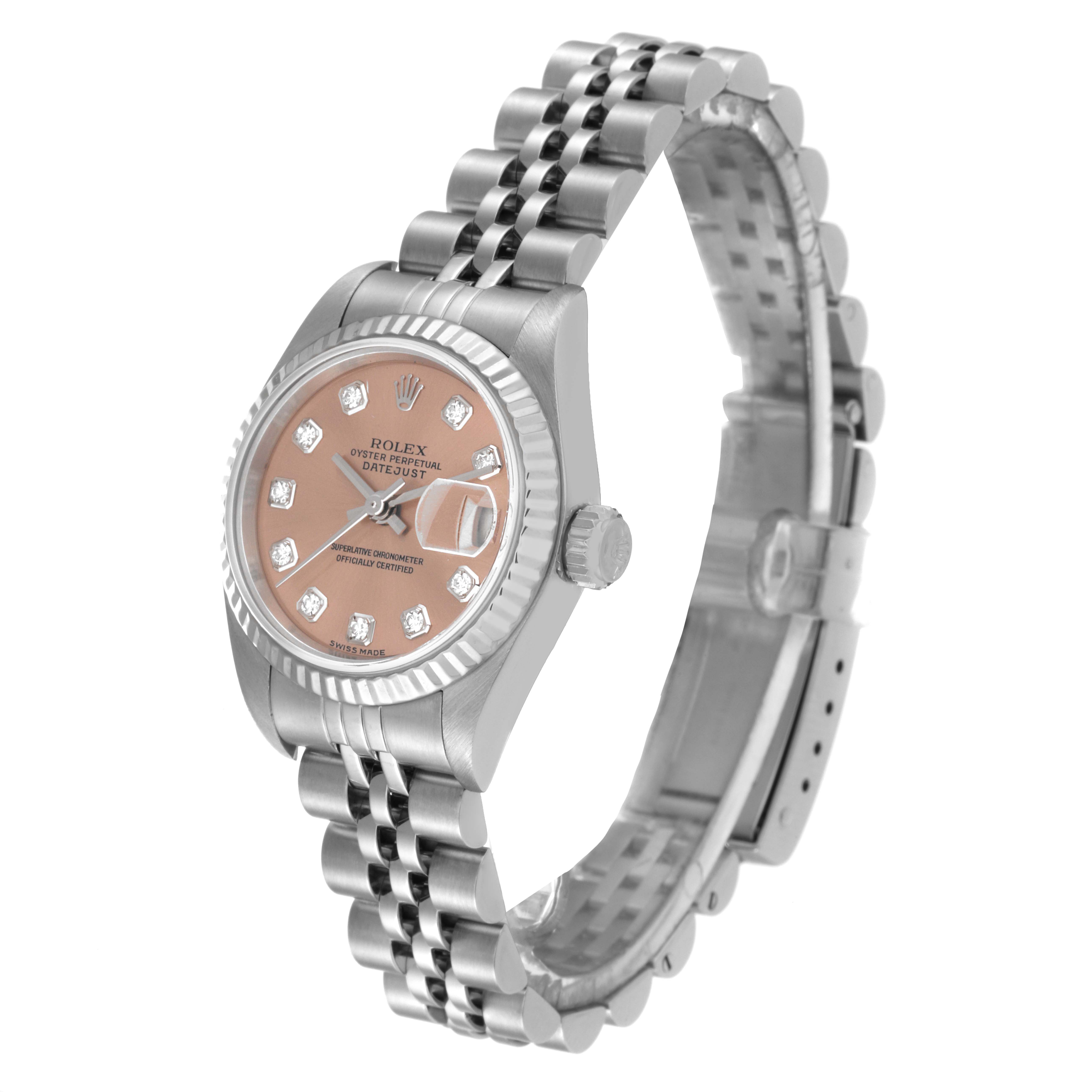 The Rolex Datejust 79174 Women's Stainless Steel Pink Dial 79174 Women's Stainless Steel Pink Dial watch is shown at a 3/4 angle, highlighting the dial, bezel, crown, and jubilee bracelet.