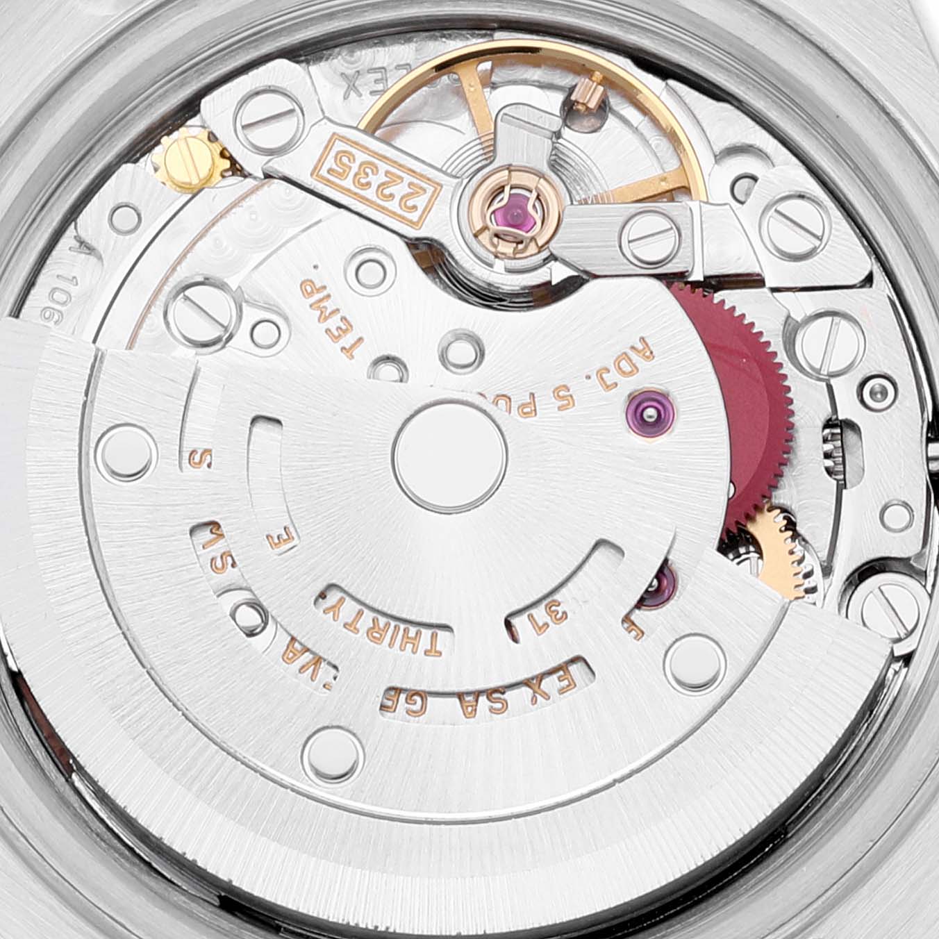 The image shows the intricate inner mechanism of a Rolex Datejust 79174 Women's Stainless Steel Pink Dial 79174 Women's Stainless Steel Pink Dial watch, viewed from the back.