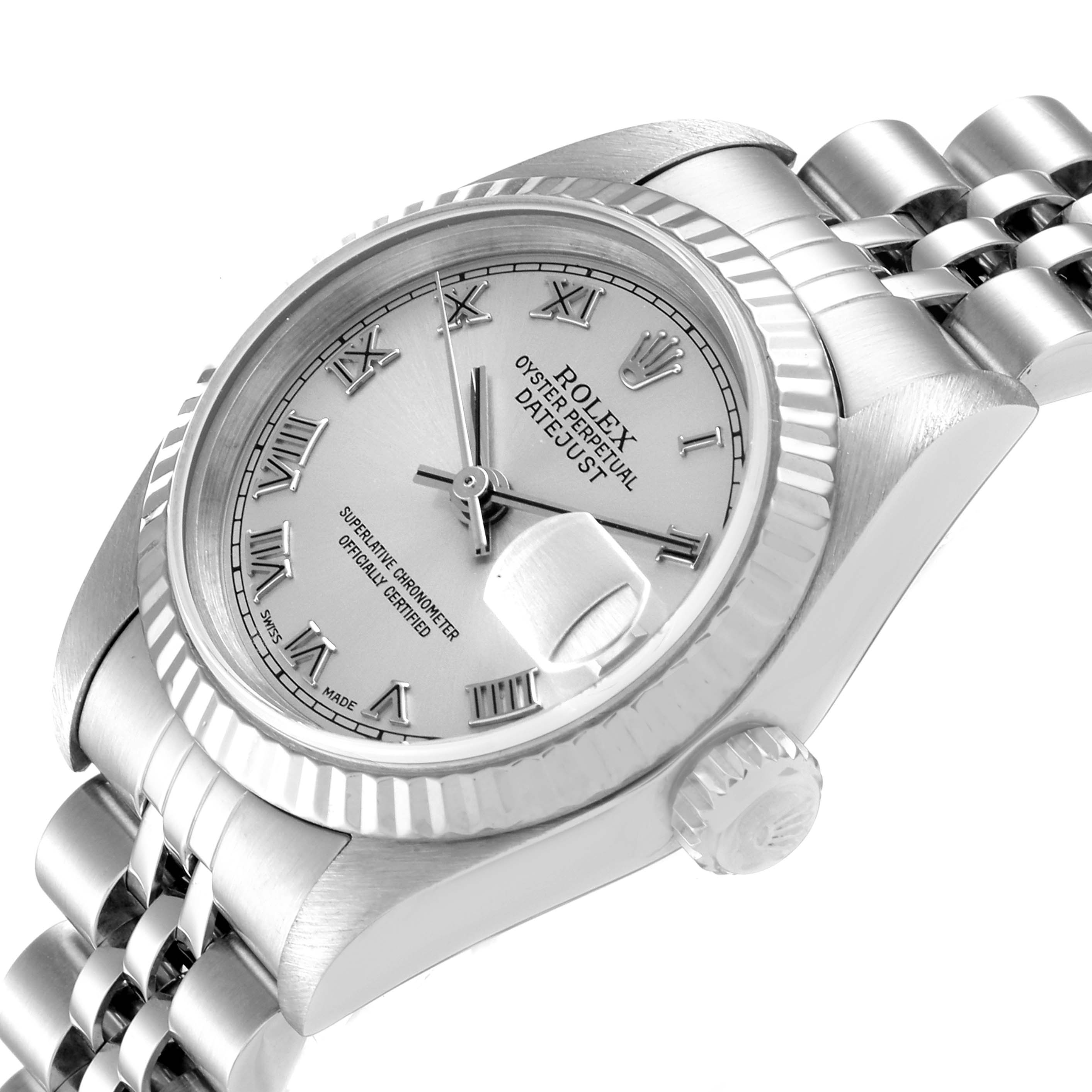 The image displays a Rolex Datejust 79174 Women's Stainless Steel Silver Dial 79174 Women's Stainless Steel Silver Dial watch at an angle showcasing its dial, crown, bezel, and part of the bracelet.
