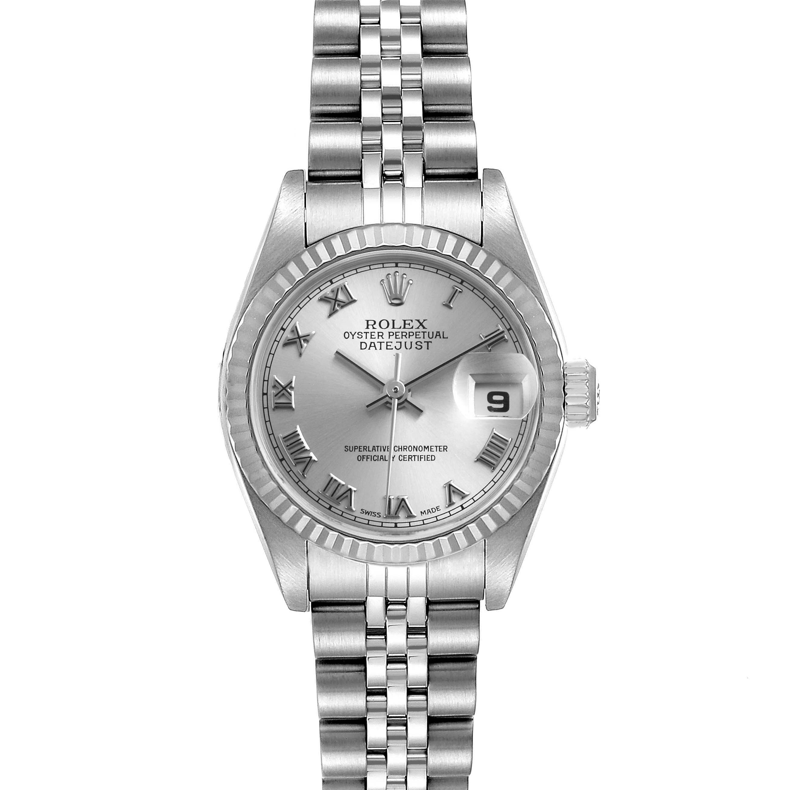 The image shows a frontal view of a Rolex Datejust 79174 Women's Stainless Steel Silver Dial 79174 Women's Stainless Steel Silver Dial watch, displaying the dial, bezel, crown, and bracelet.