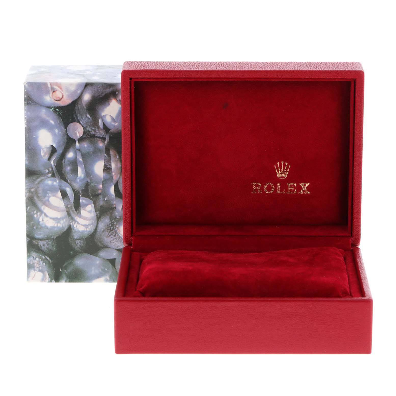 The image shows an open red Rolex Datejust 79174 Women's Stainless Steel Silver Dial 79174 Women's Stainless Steel Silver Dial watch box with a watch pillow inside and an outer box.
