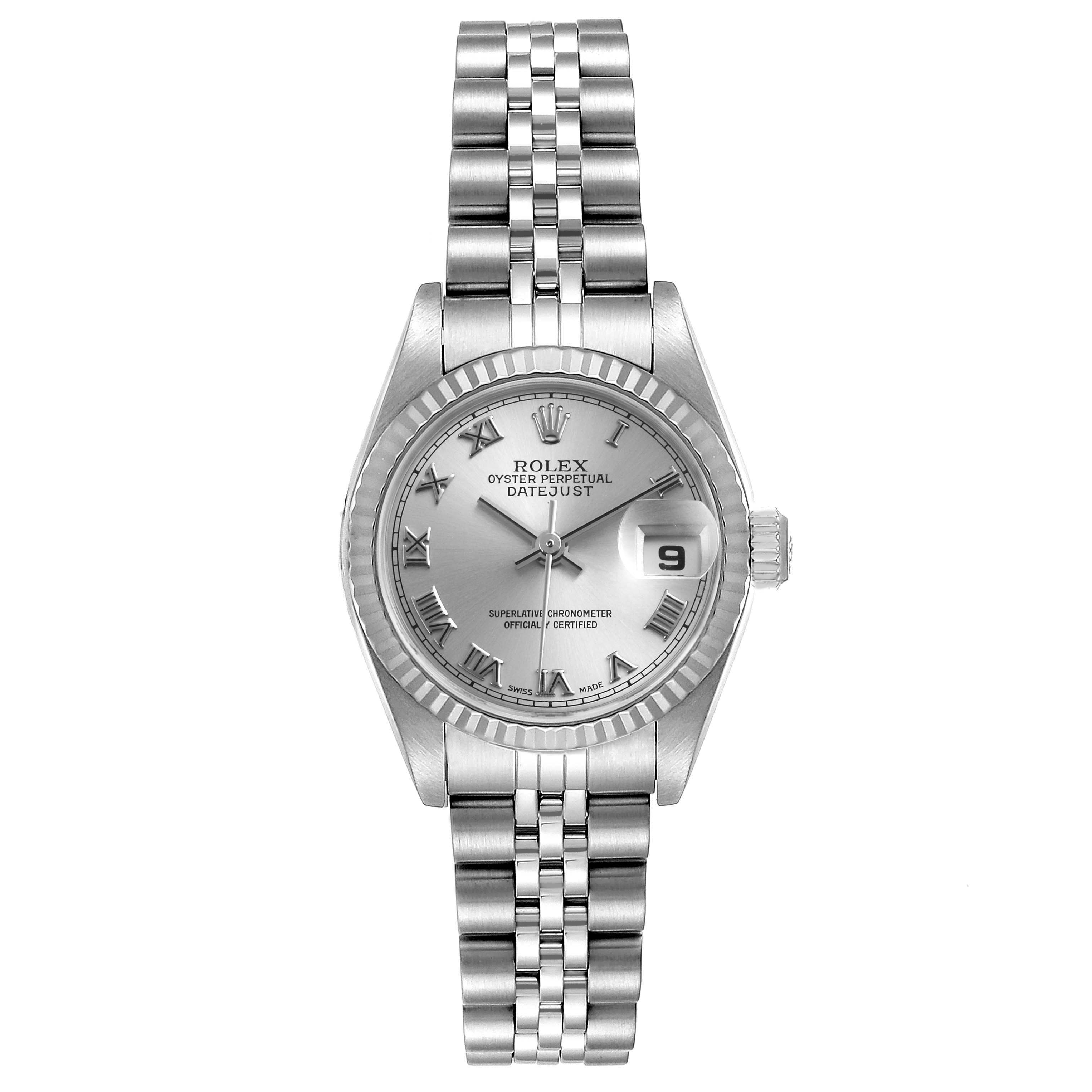 The image shows a front view of a Rolex Datejust 79174 Women's Stainless Steel Silver Dial 79174 Women's Stainless Steel Silver Dial model watch, highlighting its face, bezel, and bracelet.