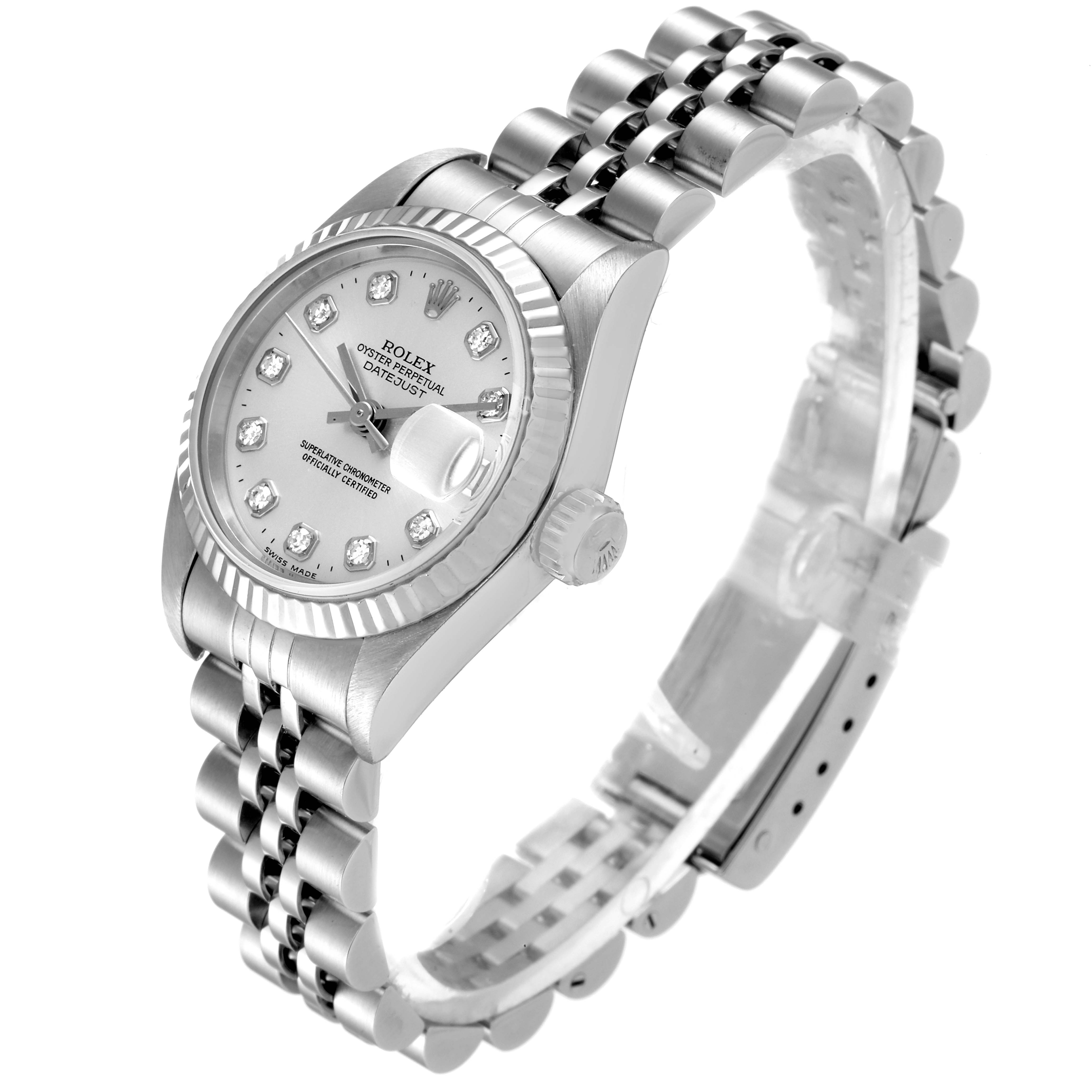 This image shows a Rolex Datejust 69174 Women
s Stainless Steel Silver Dial 69174 Women
s Stainless Steel Silver Dial watch at a three-quarter angle, highlighting its face, crown, and jubilee bracelet.