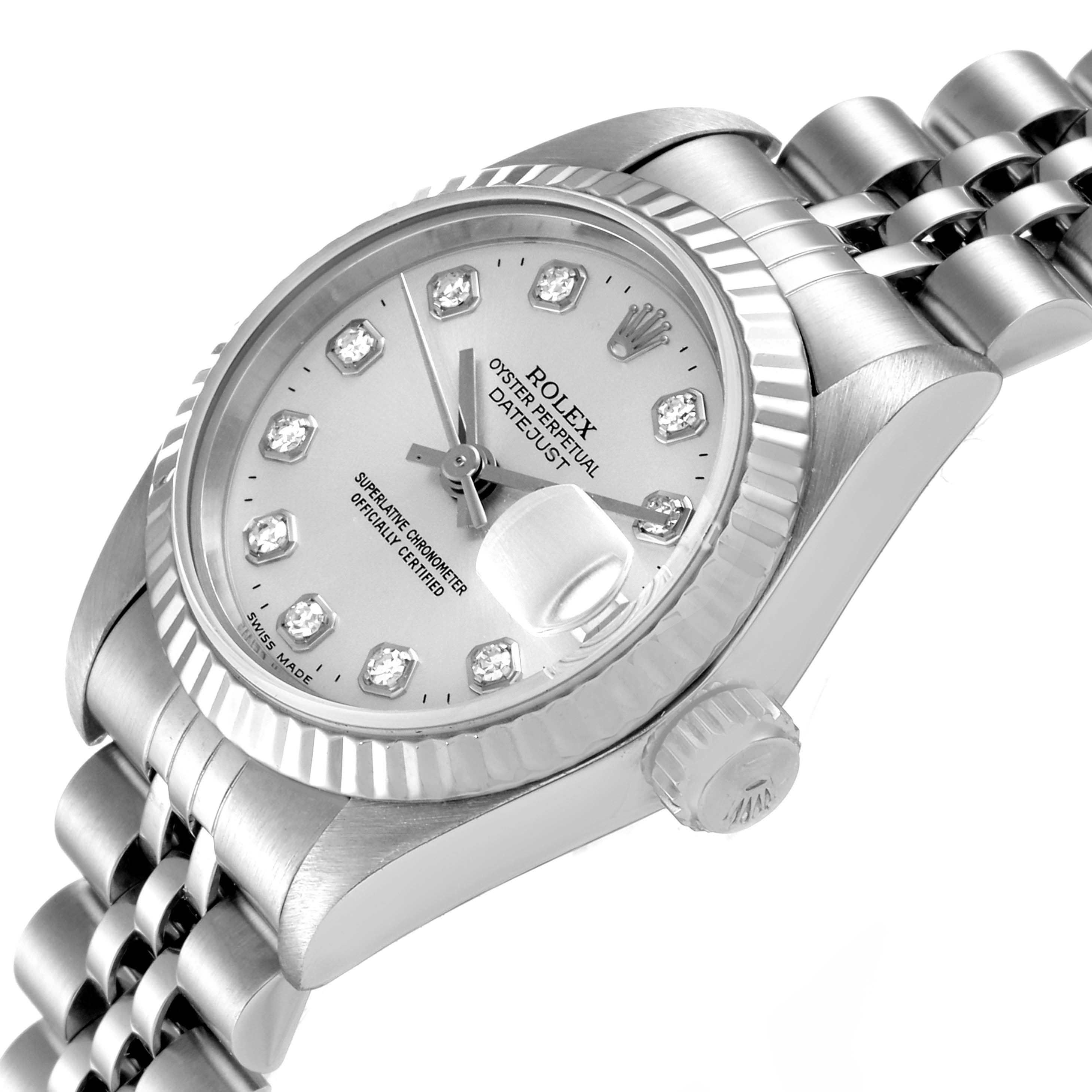 This image shows a side angle of the Rolex Datejust 69174 Women
s Stainless Steel Silver Dial 69174 Women
s Stainless Steel Silver Dial watch, highlighting the dial, bezel, and bracelet.