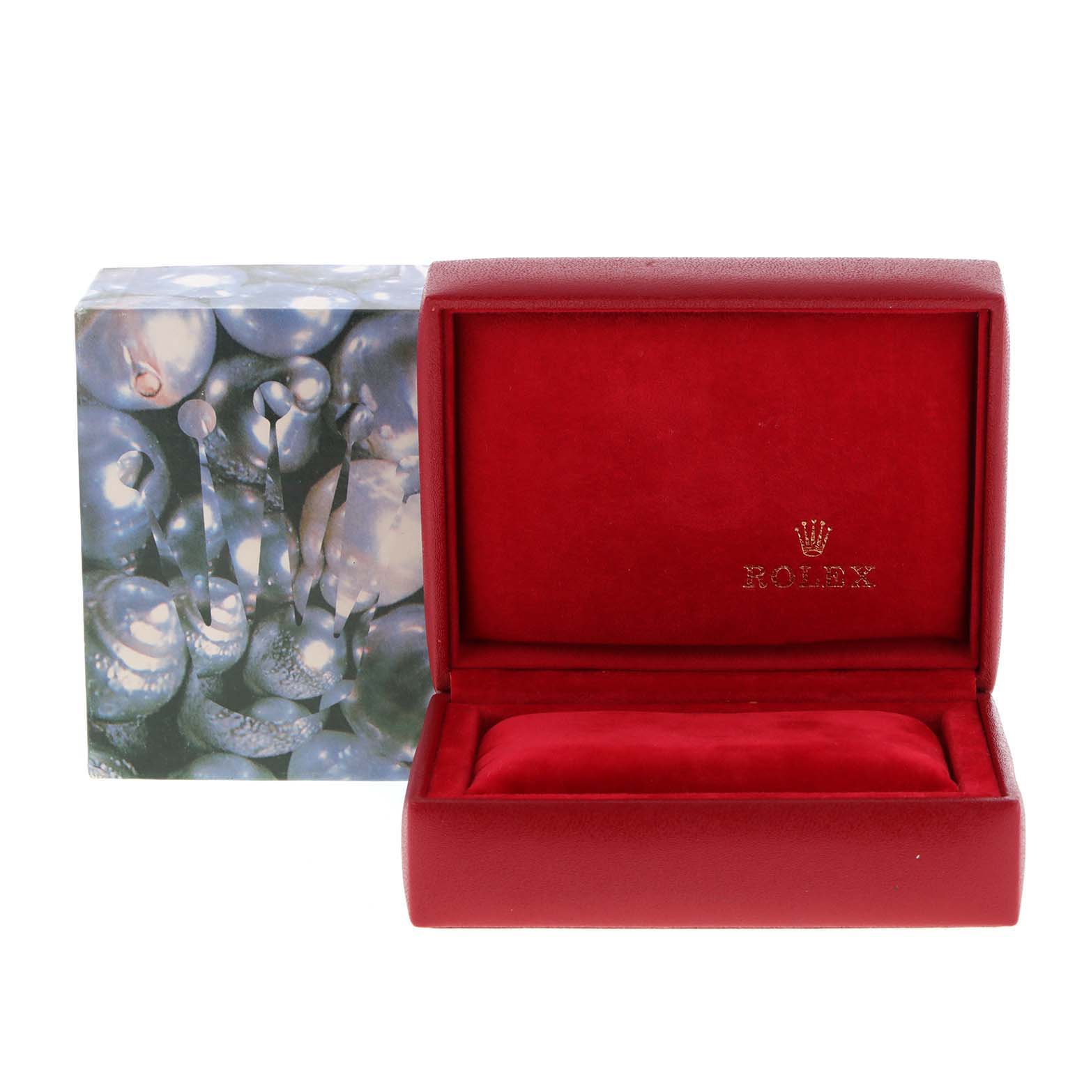 The image shows the open red watch box and outer packaging for a Rolex Datejust 69174 Women
s Stainless Steel Silver Dial 69174 Women
s Stainless Steel Silver Dial model.