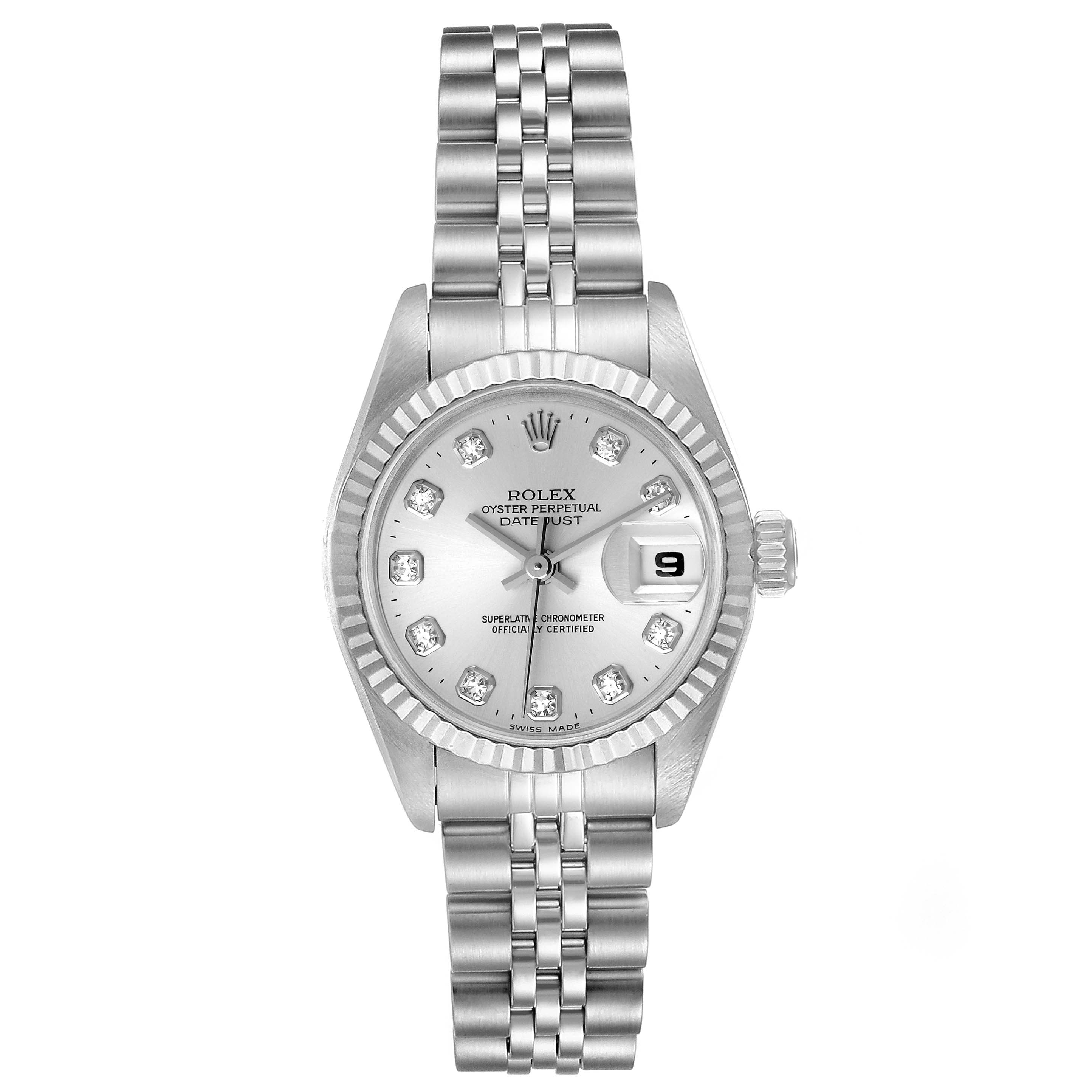 The image shows a front view of the Rolex Datejust 69174 Women
s Stainless Steel Silver Dial 69174 Women
s Stainless Steel Silver Dial watch with a silver dial and stainless steel bracelet.