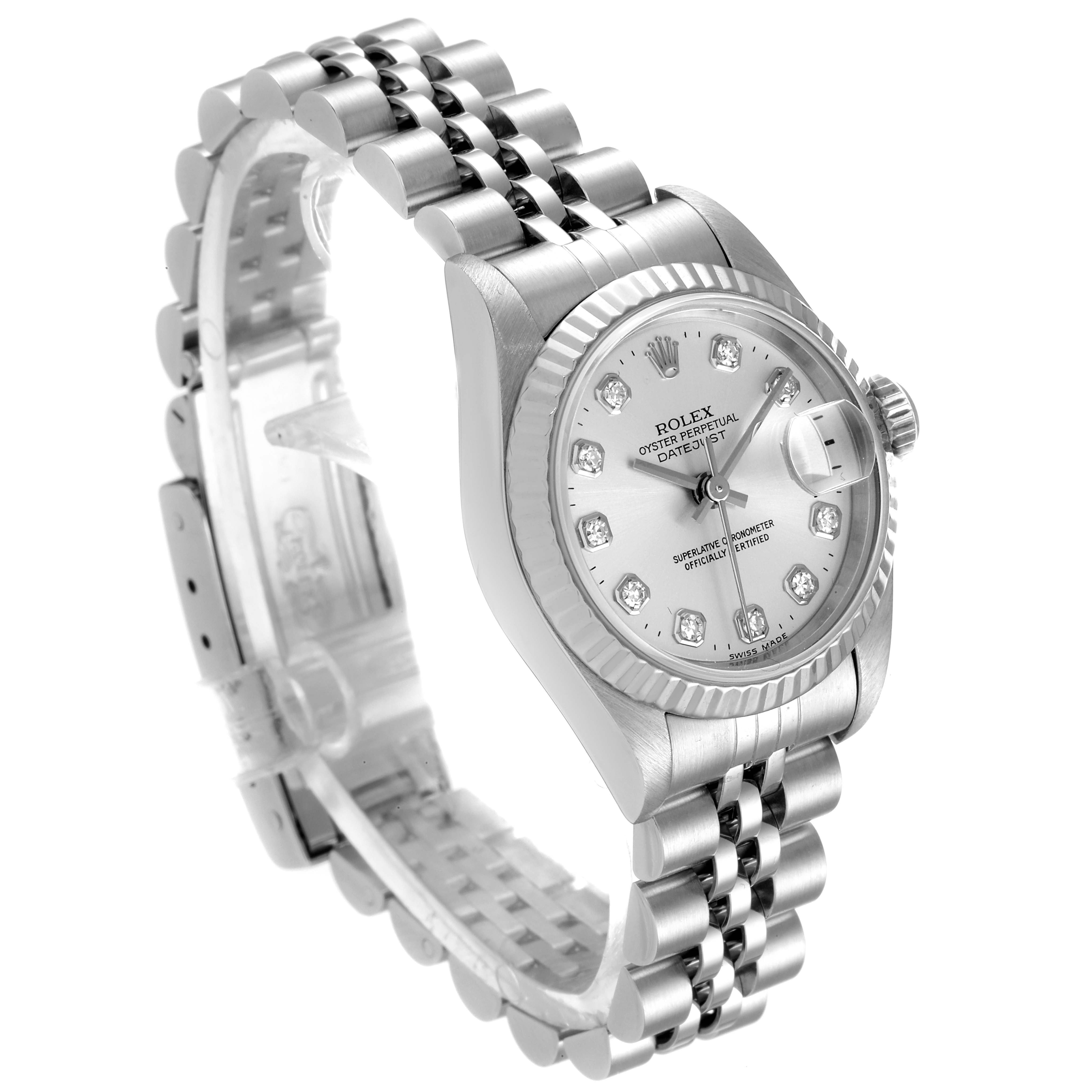 The image shows a Rolex Datejust 69174 Women
s Stainless Steel Silver Dial 69174 Women
s Stainless Steel Silver Dial watch angled to display the dial, bezel, crown, and part of the bracelet.