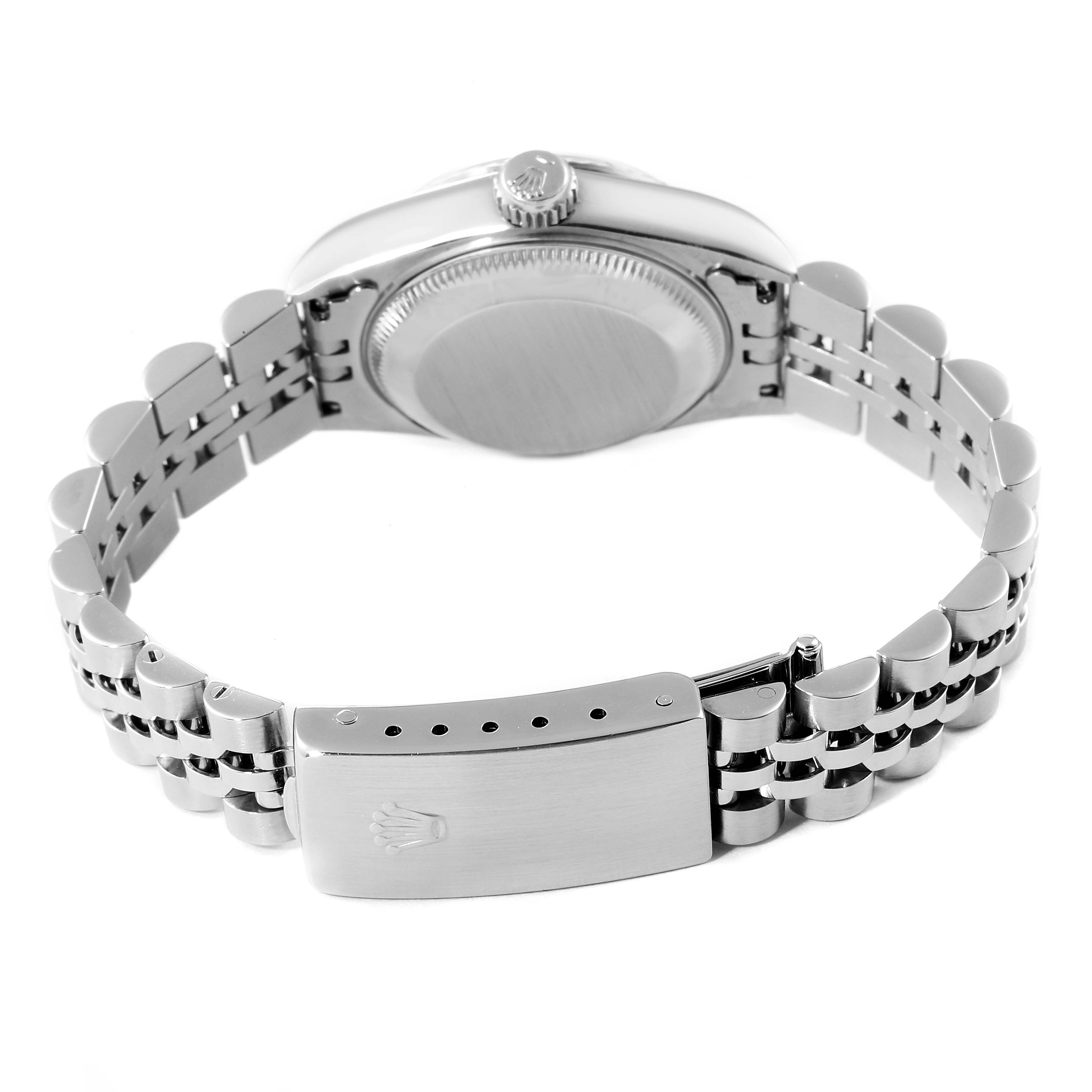 The image shows the back view of a Rolex Datejust 69174 Women
s Stainless Steel Silver Dial 69174 Women
s Stainless Steel Silver Dial watch, focusing on its case back and bracelet clasp.