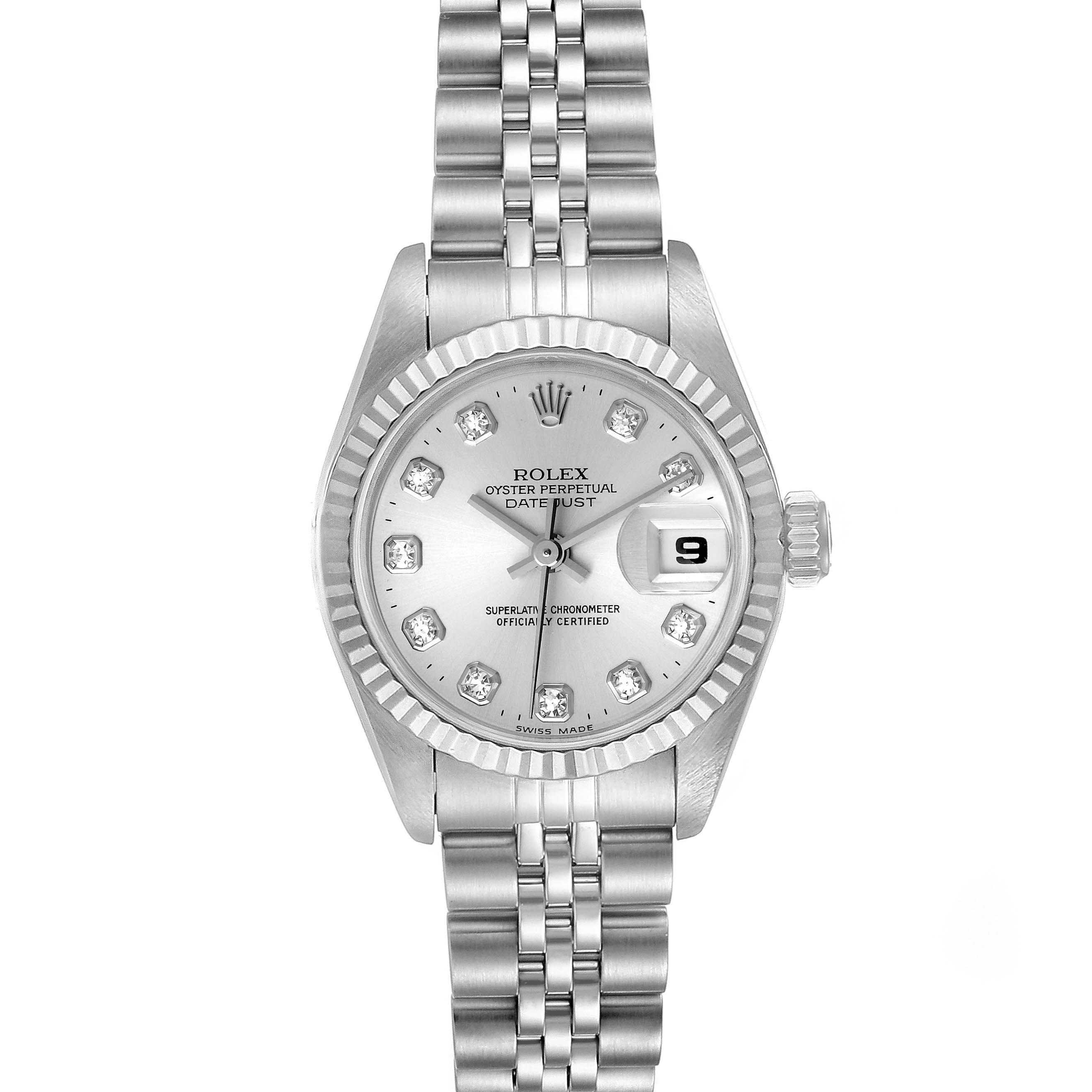 The Rolex Datejust 69174 Women
s Stainless Steel Silver Dial 69174 Women
s Stainless Steel Silver Dial watch is shown from a top-down angle, displaying the face, bezel, dial, crown, and bracelet.