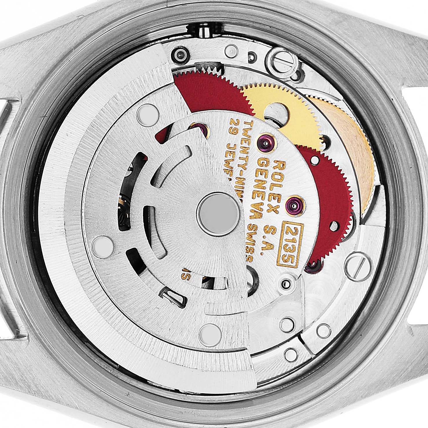 This image shows a close-up of the Rolex Datejust 69174 Women's Stainless Steel Silver Dial movement, highlighting gears and components from a top-down view.