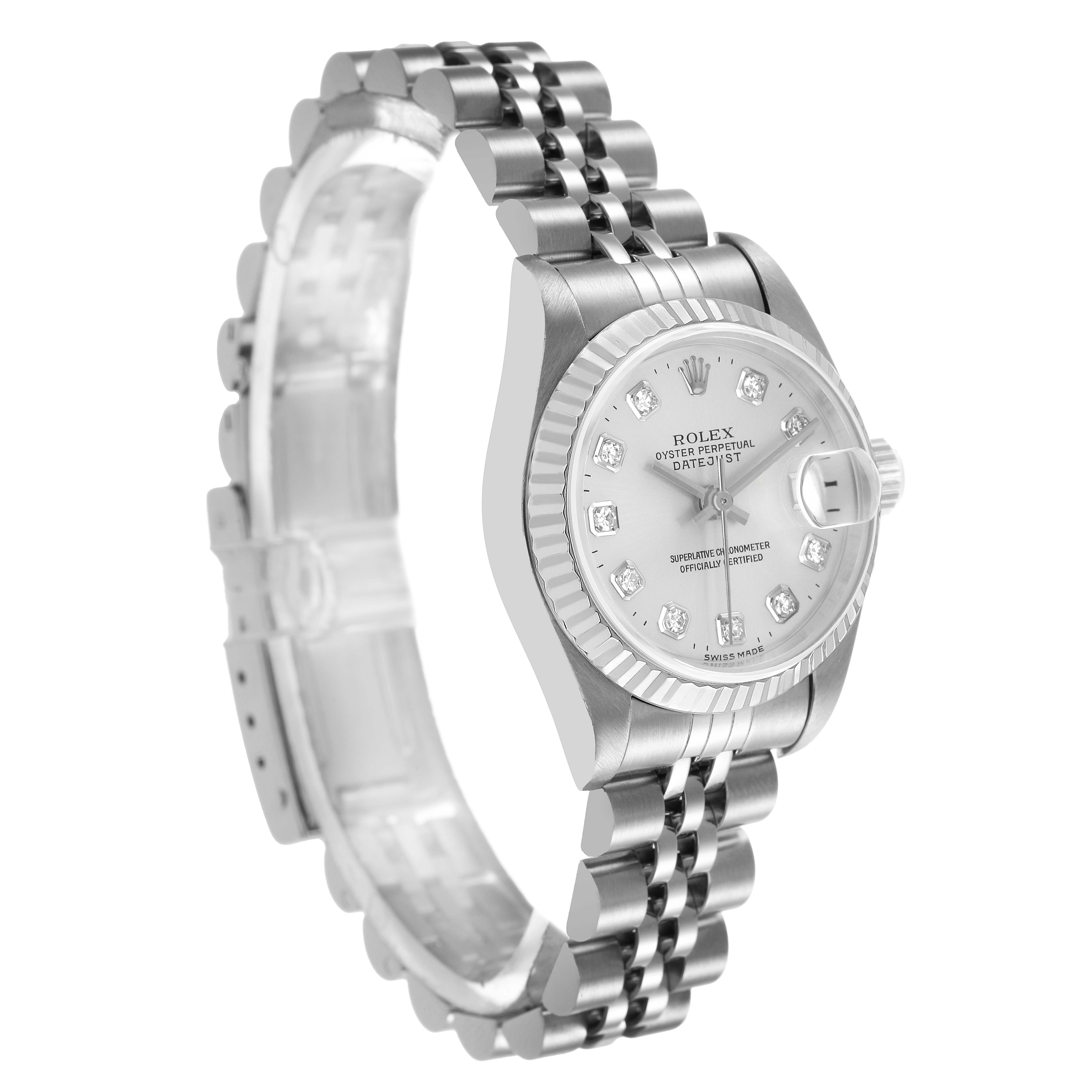 The Rolex Datejust 69174 Women's Stainless Steel Silver Dial watch is shown at a three-quarter angle, highlighting the face, fluted bezel, and Jubilee bracelet.