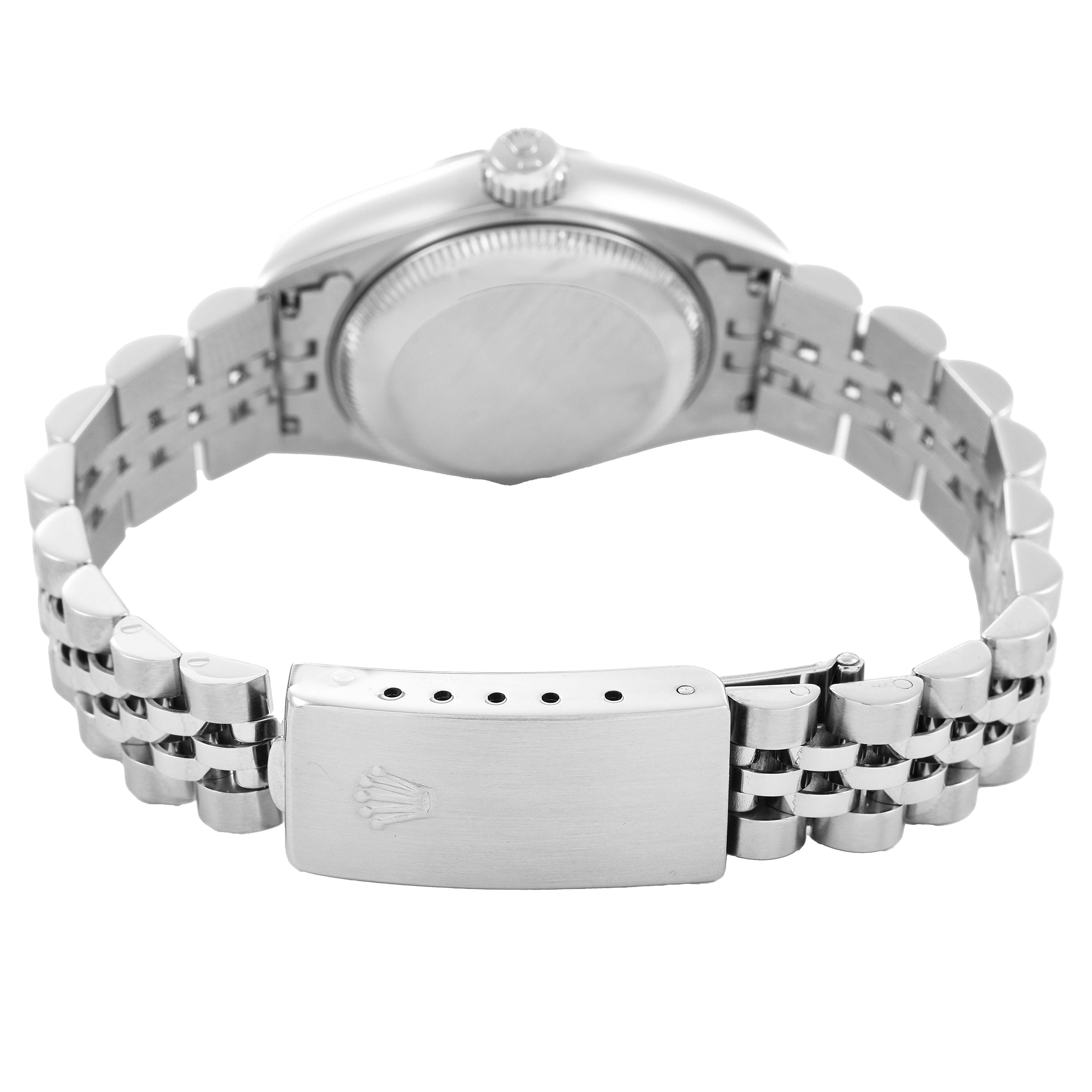 The image shows the back view of a Rolex Datejust 69174 Women's Stainless Steel Silver Dial watch, highlighting the case back, crown, and Jubilee bracelet with clasp.
