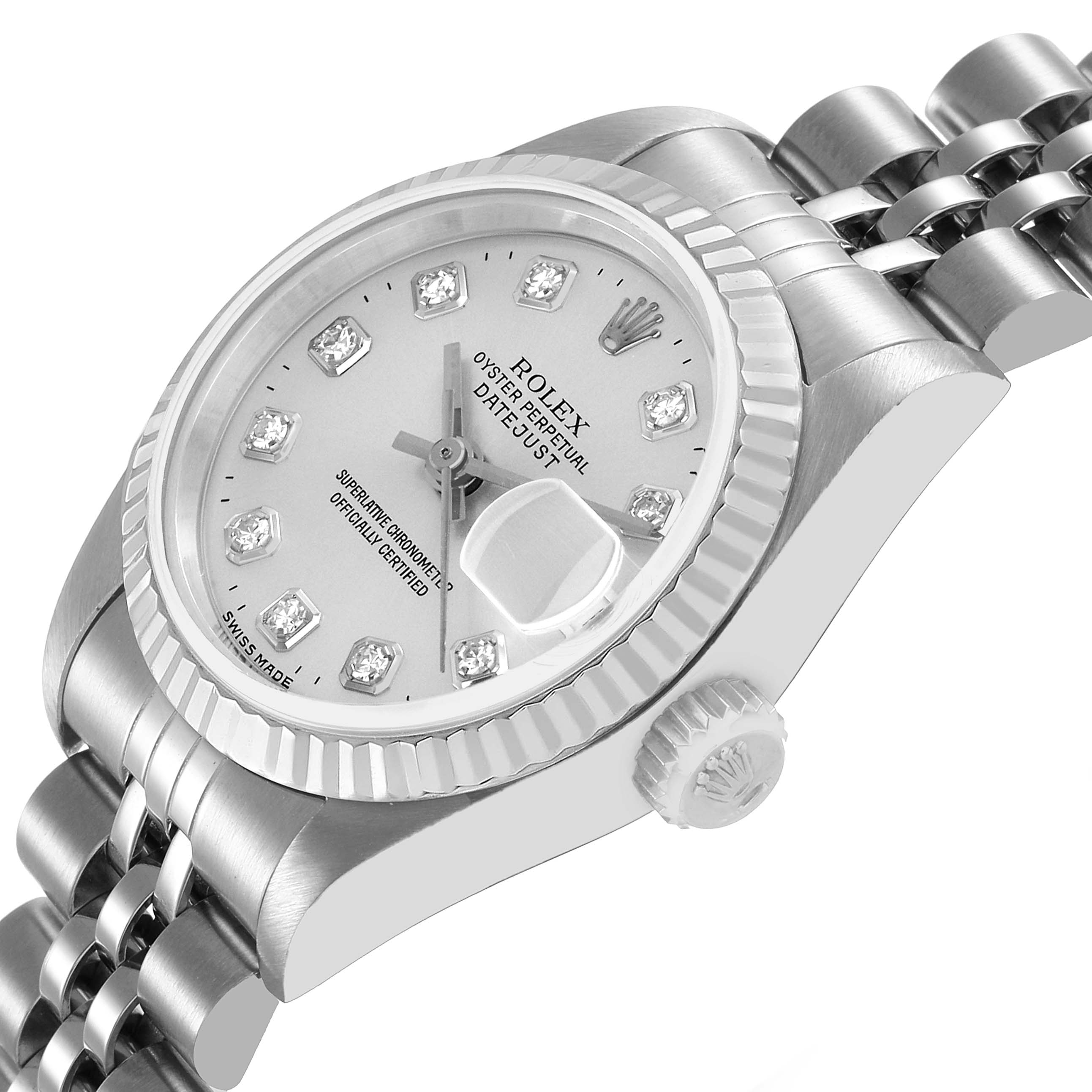 The Rolex Datejust 69174 Women's Stainless Steel Silver Dial watch is shown in a side-angle, displaying the dial, bezel, case, crown, and part of the bracelet.
