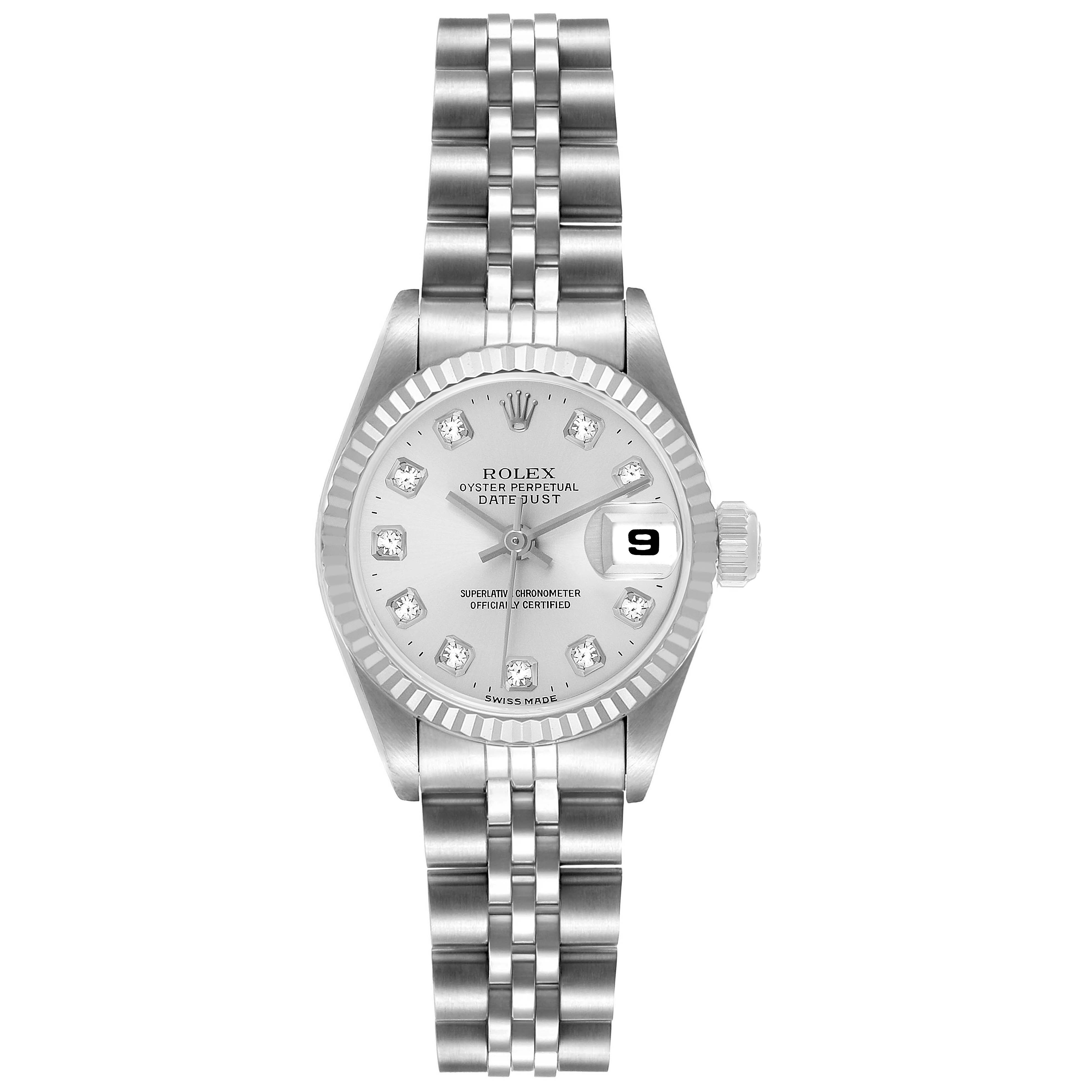 The Rolex Datejust 69174 Women's Stainless Steel Silver Dial watch is shown from the front, displaying the dial, bezel, bracelet, crown, and date window.