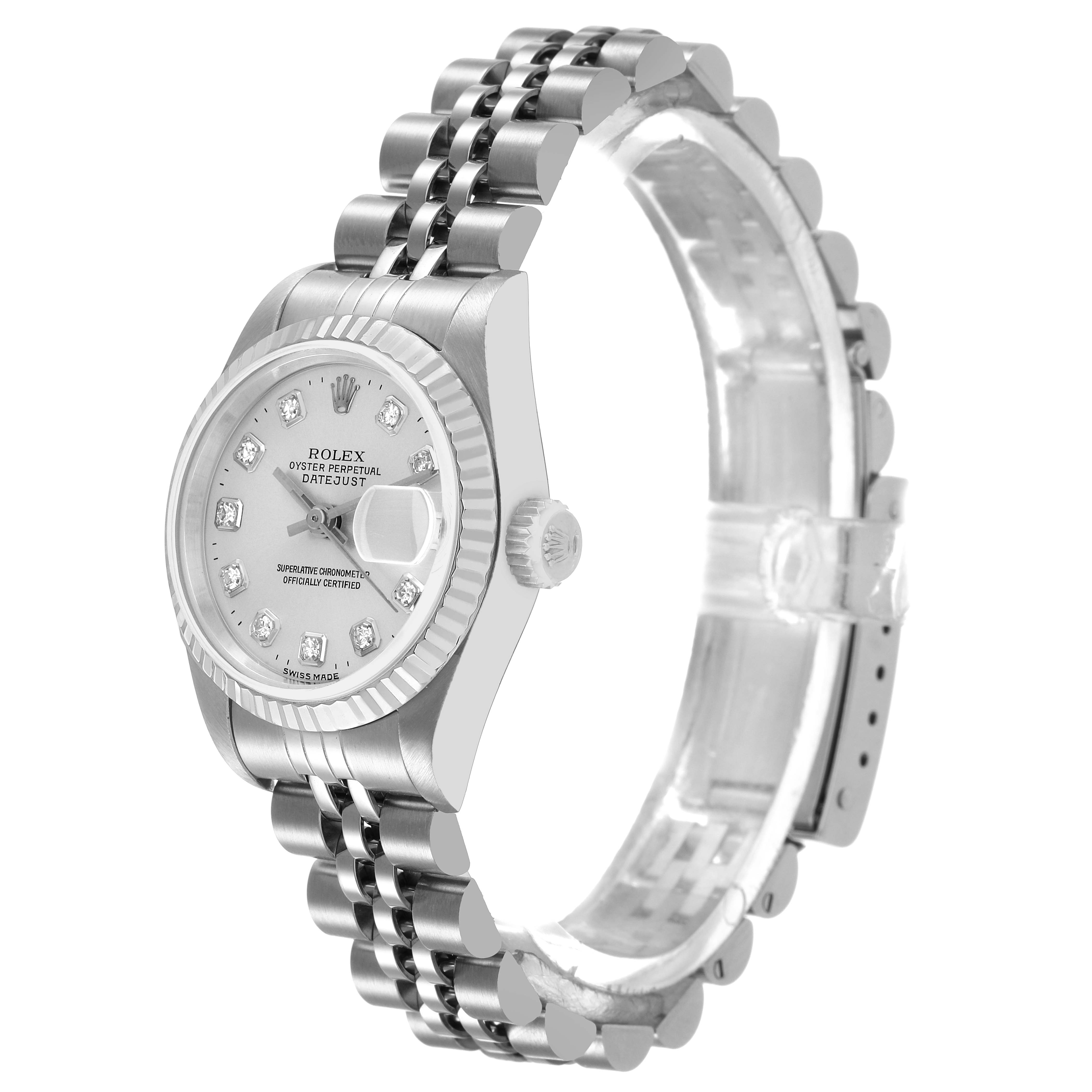 The Rolex Datejust 69174 Women's Stainless Steel Silver Dial watch is shown at a side angle displaying the face, bezel, crown, and bracelet.