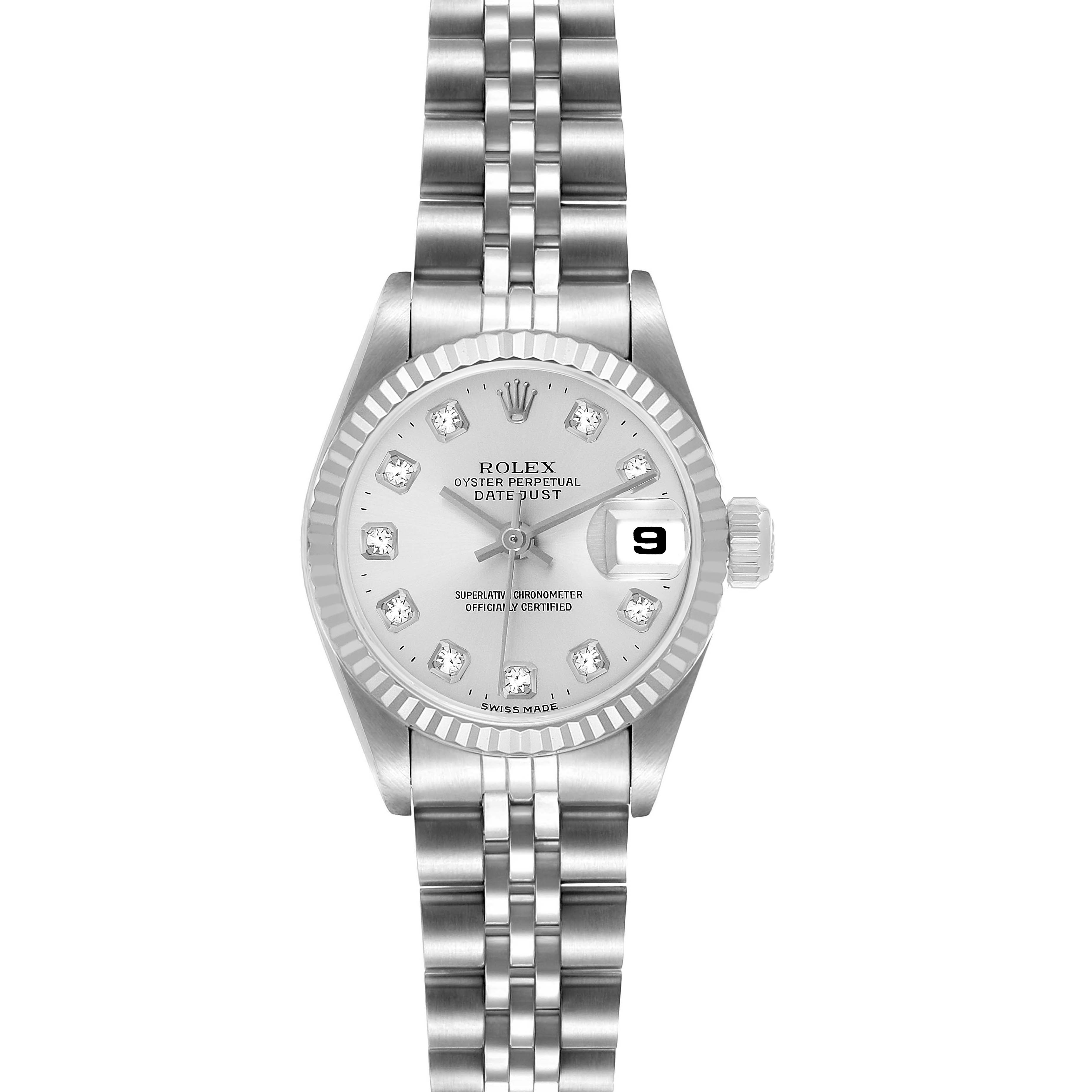 The Rolex Datejust 69174 Women's Stainless Steel Silver Dial watch is shown from a direct top-down angle, highlighting the face, bezel, and bracelet.