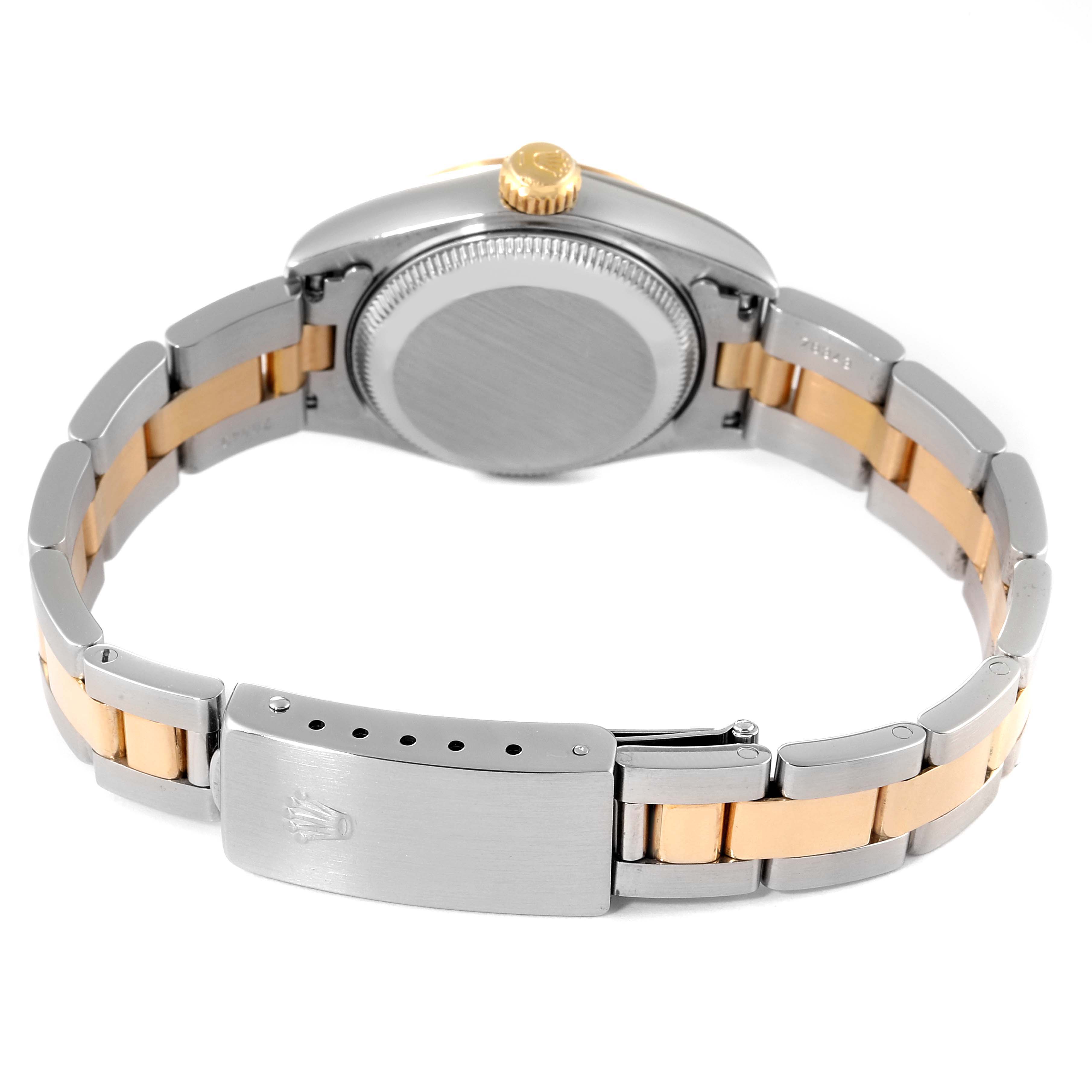 The image shows the case back, crown, and bracelet of a Rolex Datejust 69163 Women
s Steel and Gold (two tone) Blue Dial 69163 Women
s Steel and Gold (two tone) Blue Dial watch at an angled rear view.