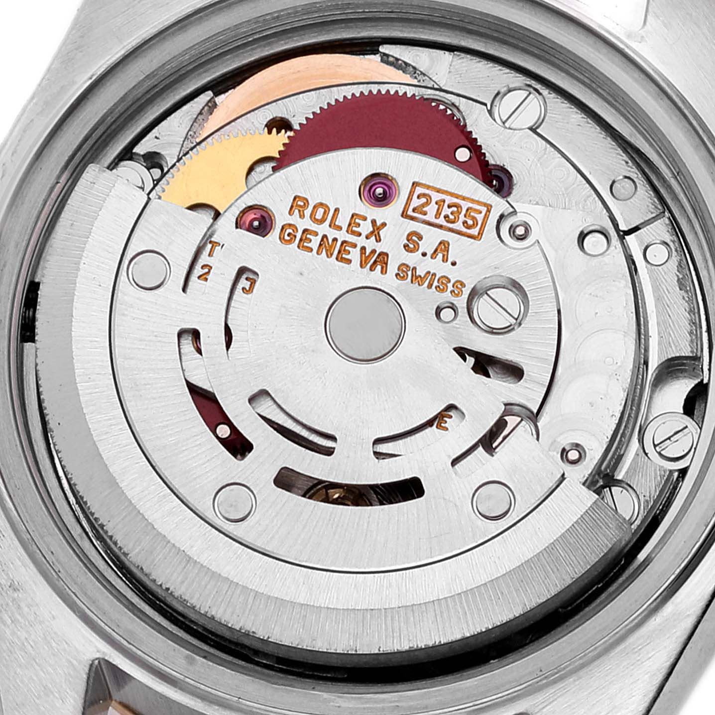 The image shows the movement mechanism of a Rolex Datejust 69163 Women
s Steel and Gold (two tone) Blue Dial 69163 Women
s Steel and Gold (two tone) Blue Dial watch, viewed from the back.