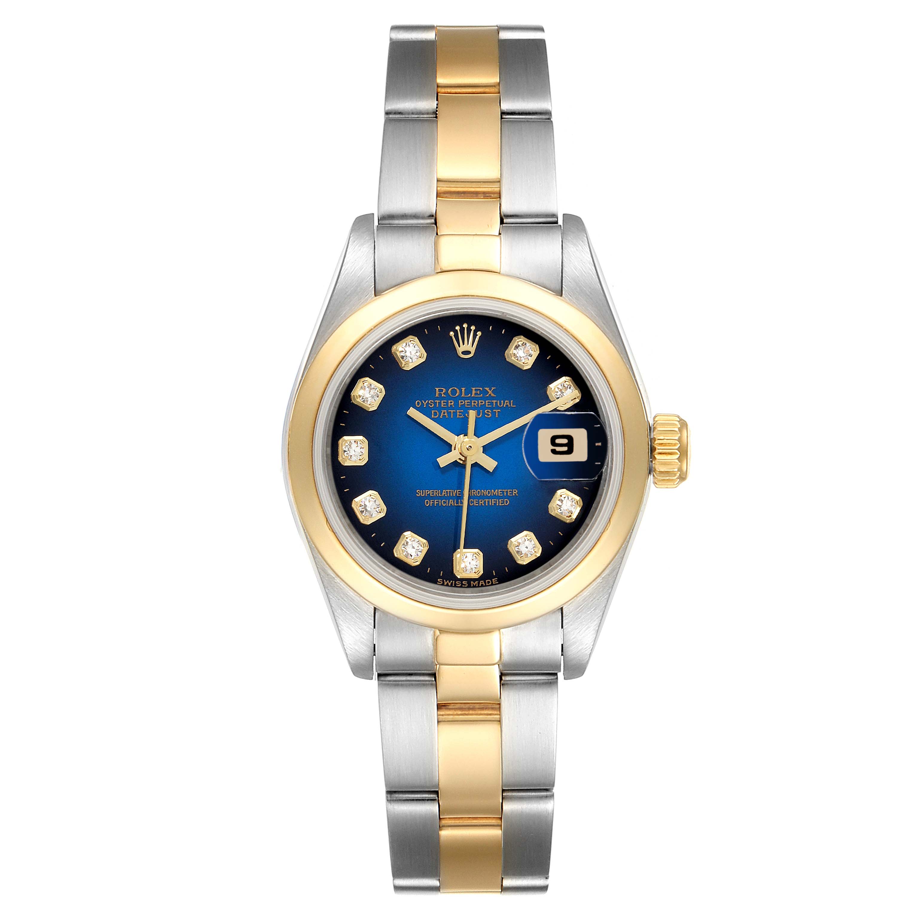 This Rolex Datejust 69163 Women
s Steel and Gold (two tone) Blue Dial 69163 Women
s Steel and Gold (two tone) Blue Dial model watch is shown from a front view, highlighting its bicolor bracelet, blue dial, and gold bezel with the date window.