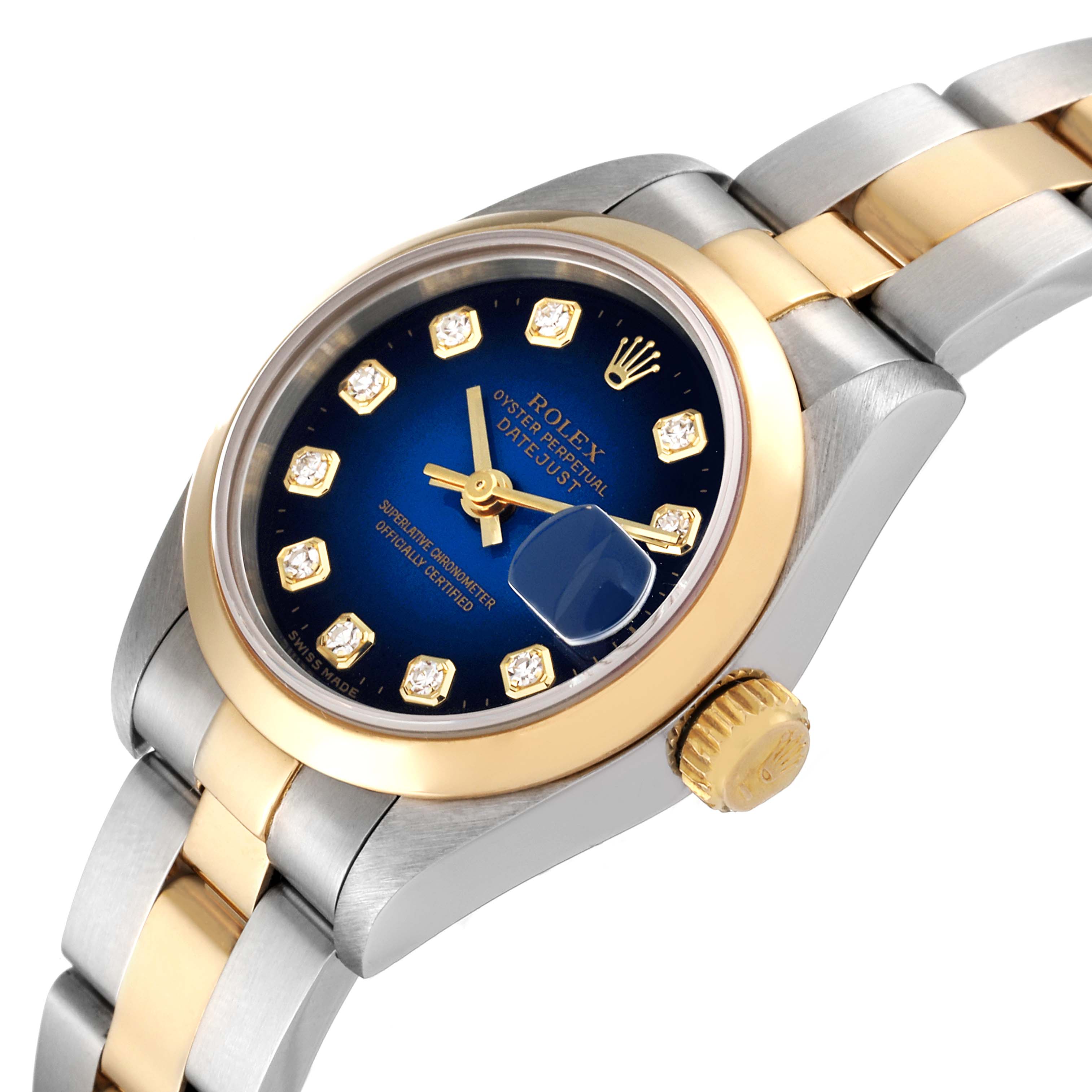 This Rolex Datejust 69163 Women
s Steel and Gold (two tone) Blue Dial 69163 Women
s Steel and Gold (two tone) Blue Dial watch is shown from an angled view, highlighting its blue dial, diamond hour markers, and two-tone bracelet.