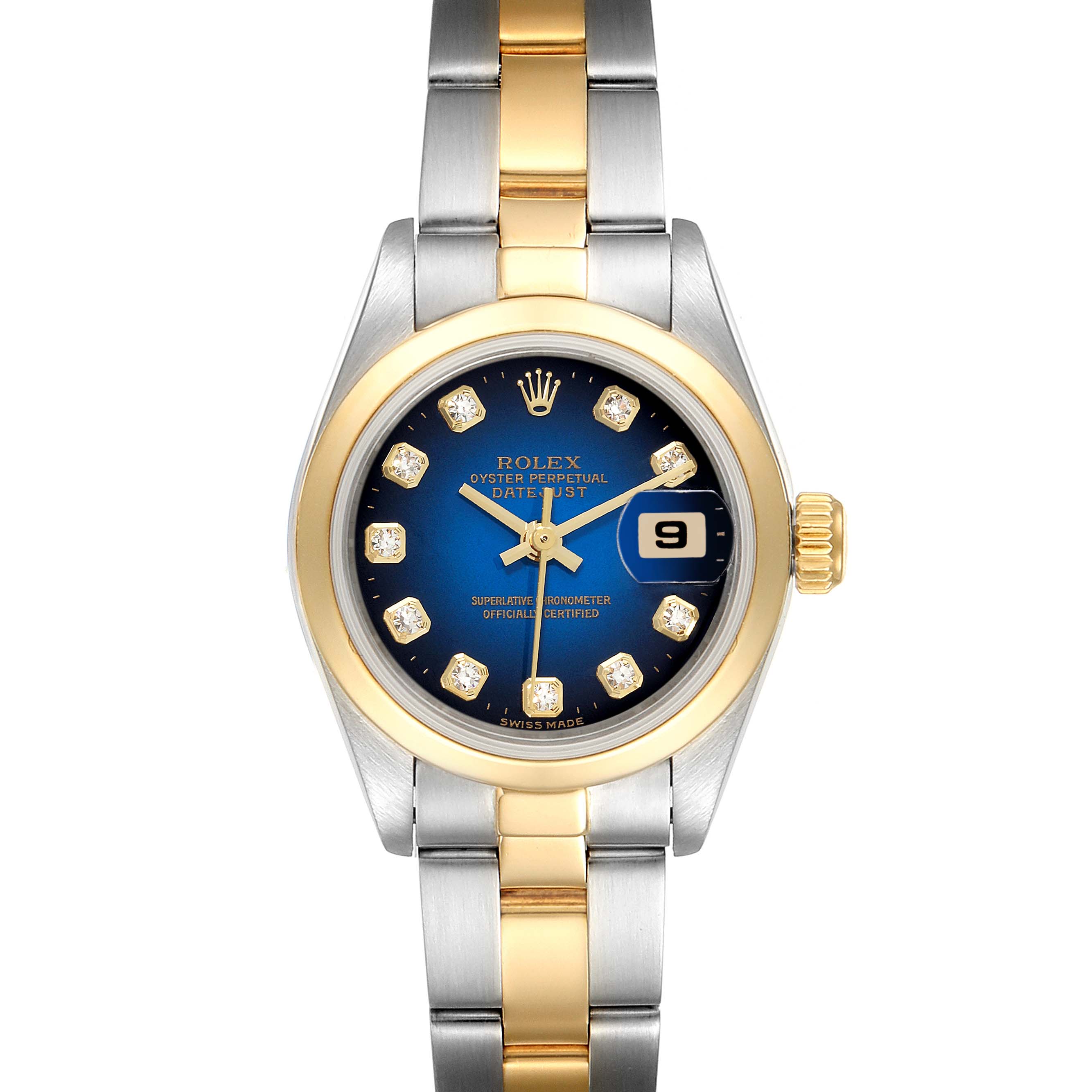 The Rolex Datejust 69163 Women
s Steel and Gold (two tone) Blue Dial 69163 Women
s Steel and Gold (two tone) Blue Dial watch is shown from a front angle, highlighting its dial, bezel, bracelet, and date window.