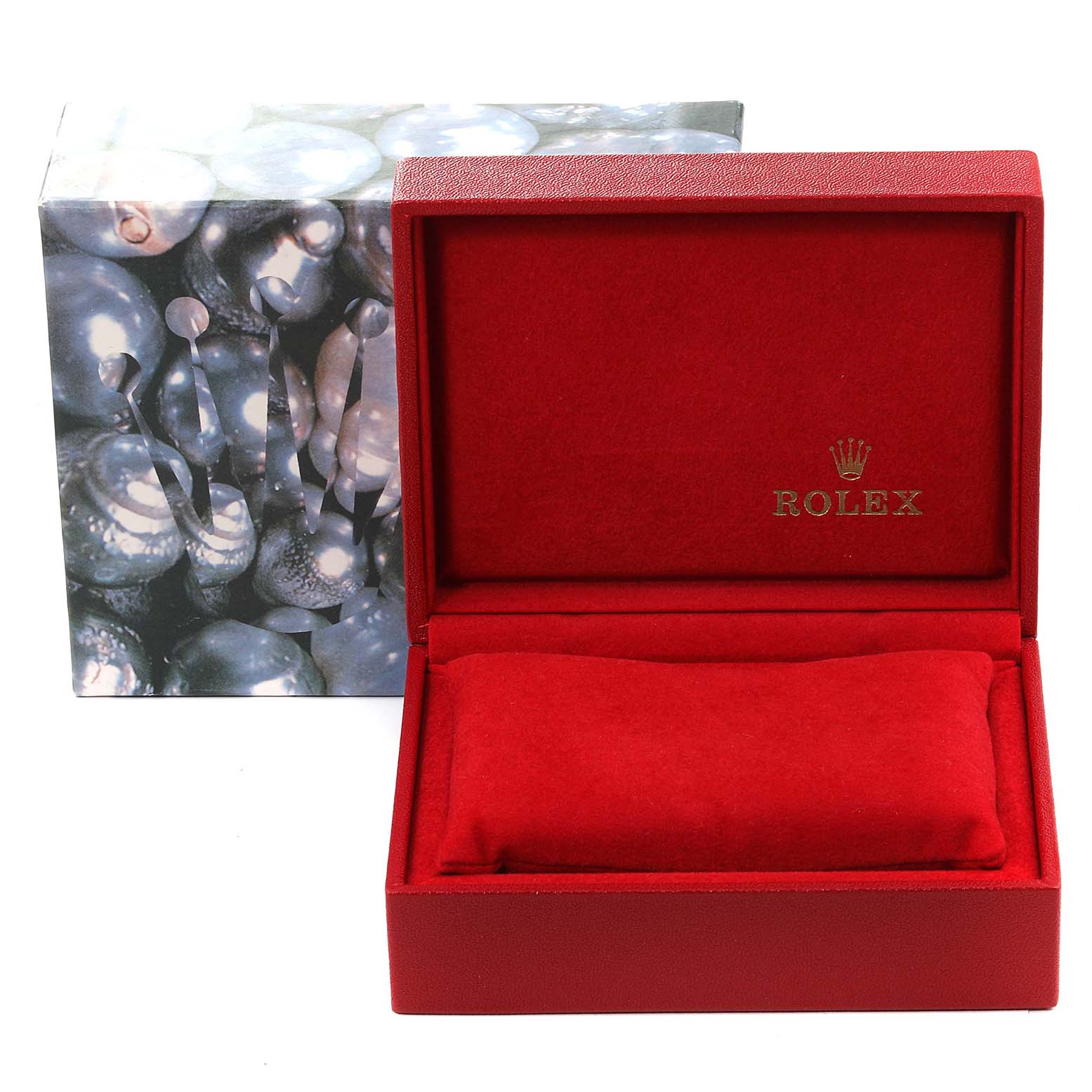 This image shows a red Rolex Datejust 69163 Women
s Steel and Gold (two tone) Blue Dial 69163 Women
s Steel and Gold (two tone) Blue Dial watch box with a pillow inside and its outer decorative packaging.