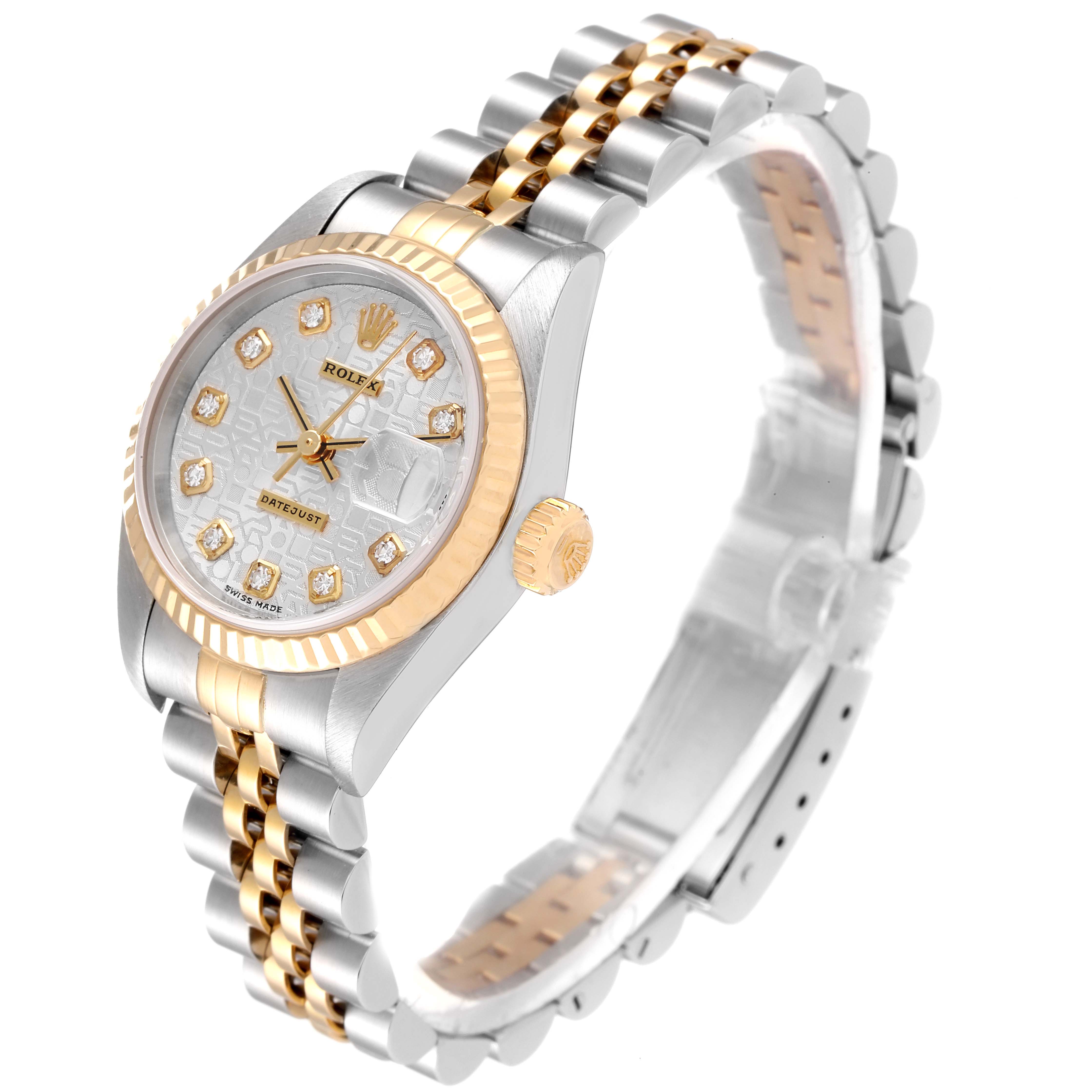 This image shows a Rolex Datejust 79173 Women
s Steel and Gold (two tone) Silver Dial 79173 Women
s Steel and Gold (two tone) Silver Dial watch at a slight angle, highlighting the face, bezel, crown, and the two-tone bracelet.