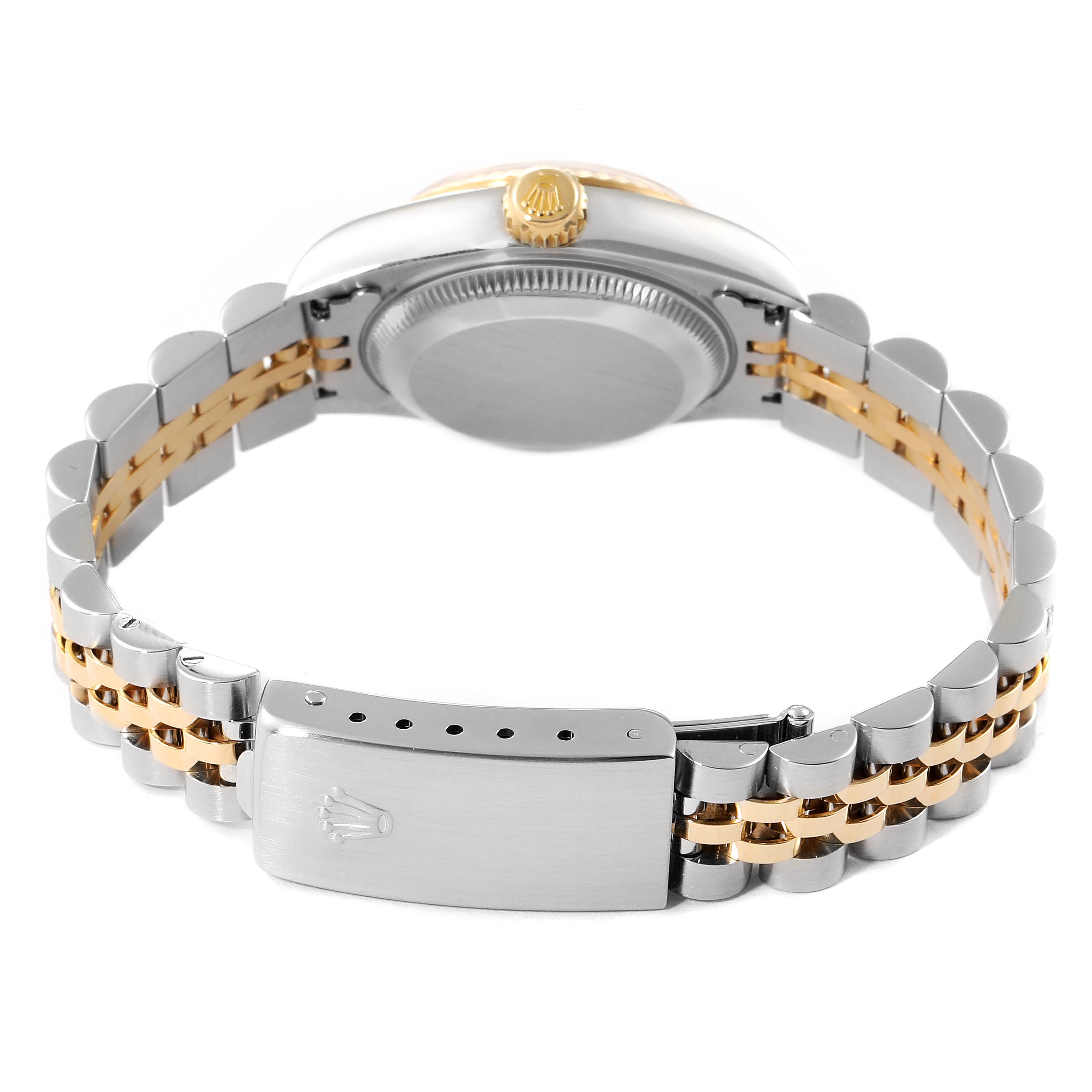 This image shows the back case, crown, and two-tone bracelet of a Rolex Datejust 79173 Women
s Steel and Gold (two tone) Silver Dial 79173 Women
s Steel and Gold (two tone) Silver Dial watch from a rear angle.