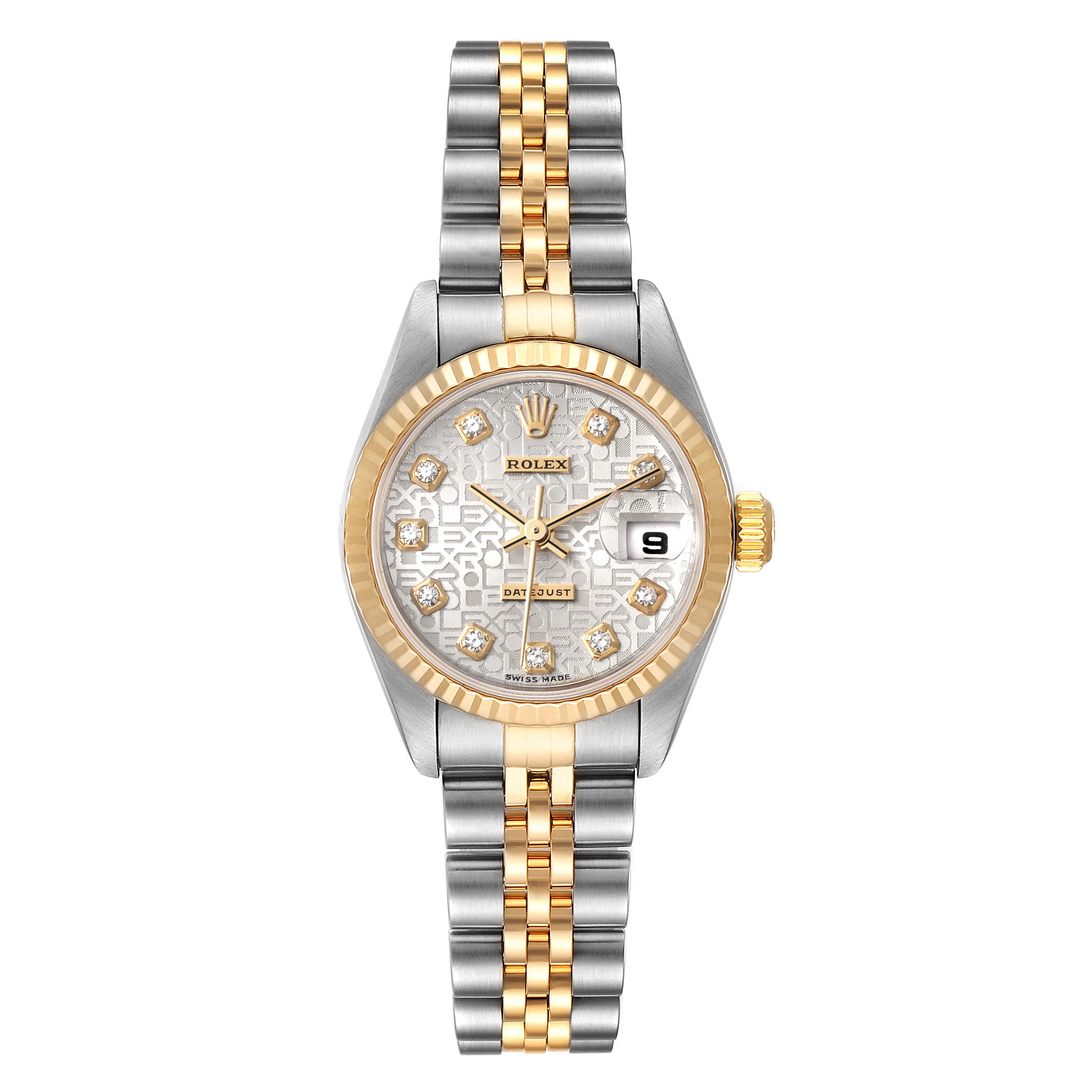 This is a front view of a Rolex Datejust 79173 Women
s Steel and Gold (two tone) Silver Dial 79173 Women
s Steel and Gold (two tone) Silver Dial watch, showcasing its face, bezel, and two-tone bracelet.