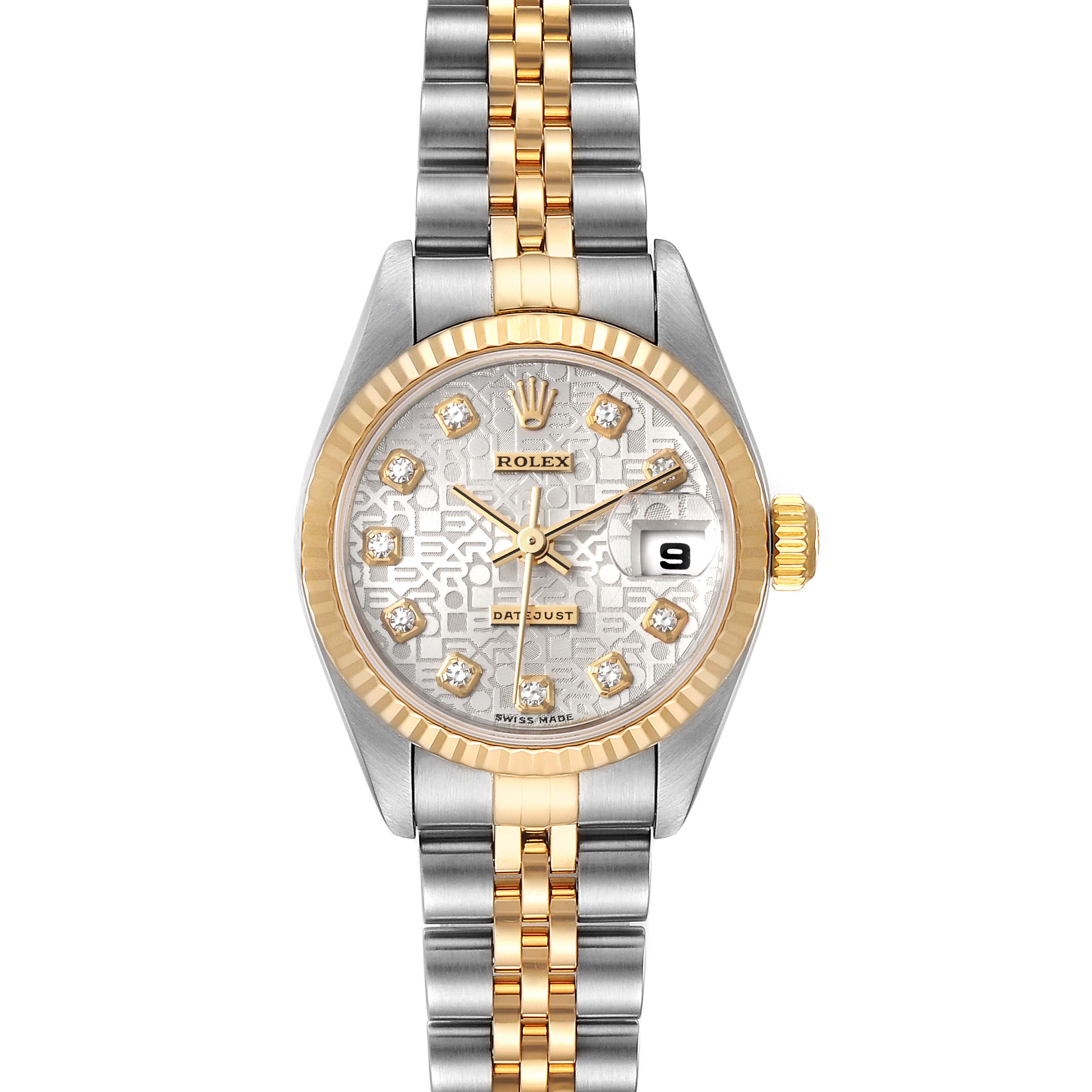 This Rolex Datejust 79173 Women
s Steel and Gold (two tone) Silver Dial 79173 Women
s Steel and Gold (two tone) Silver Dial watch is shown from the front, displaying its dial, bezel, crown, and Jubilee bracelet.