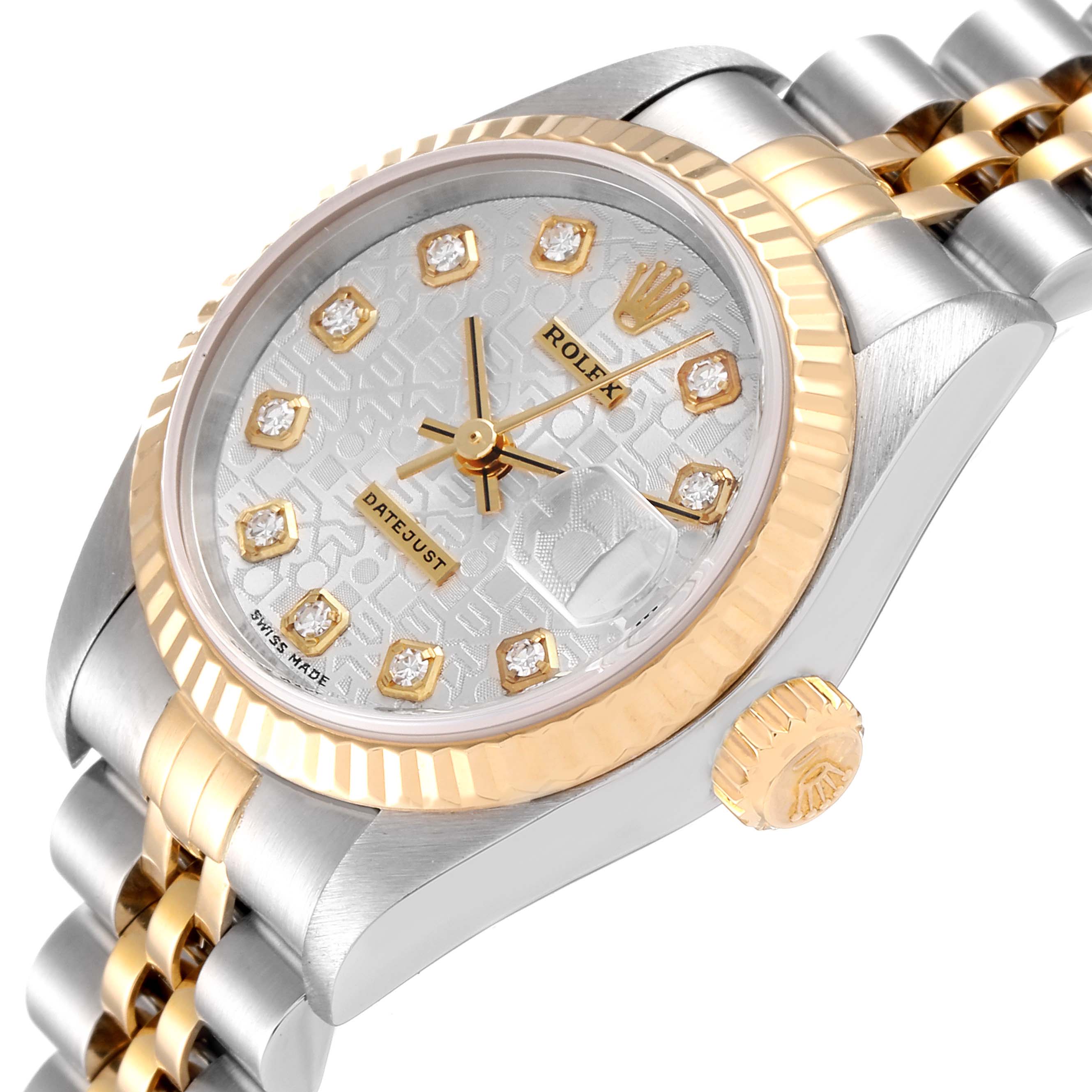 The image shows a close-up, angled view of the Rolex Datejust 79173 Women
s Steel and Gold (two tone) Silver Dial 79173 Women
s Steel and Gold (two tone) Silver Dial watch, highlighting the dial, crown, and bracelet.